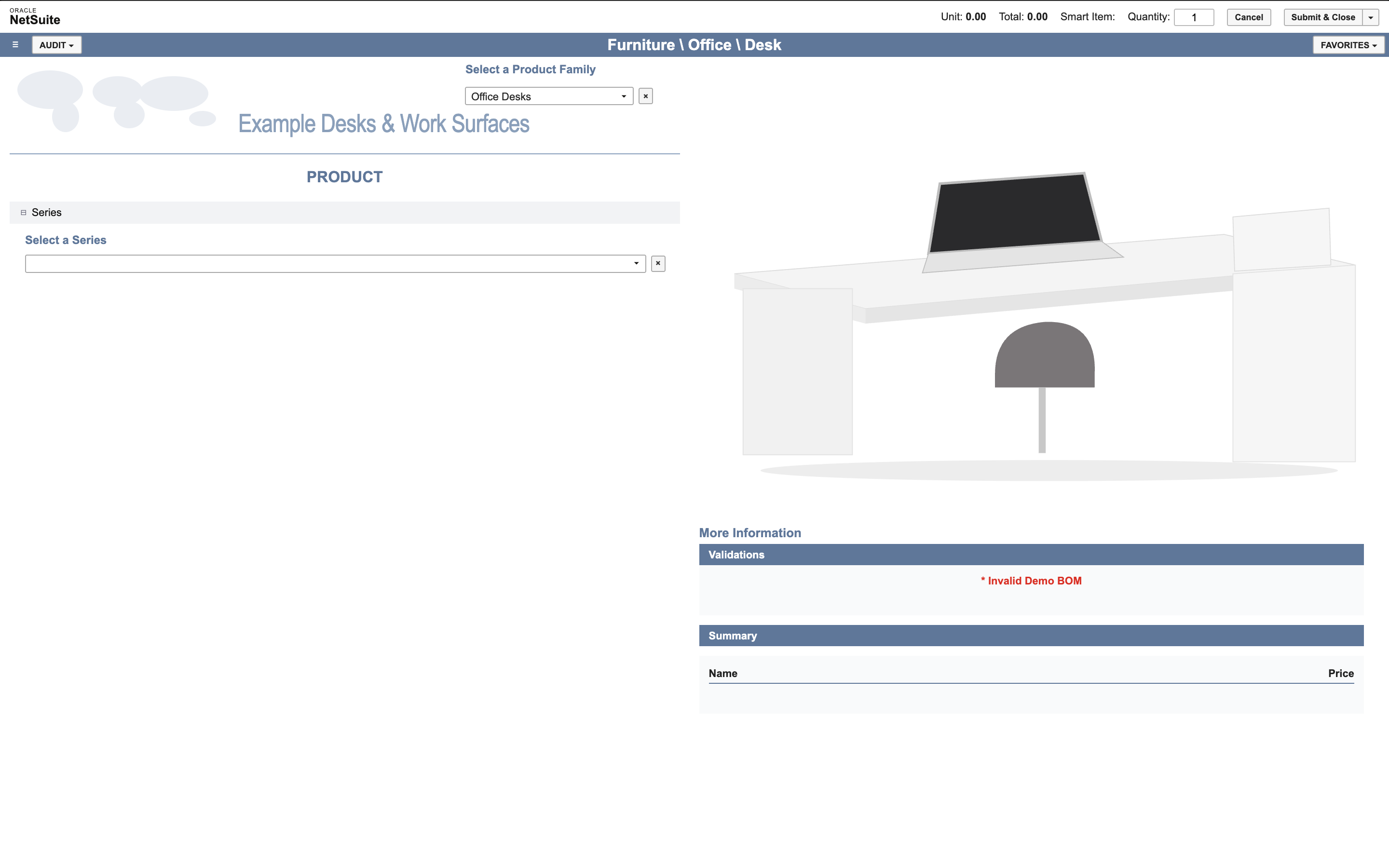 The Configurator desk page before any choice, with Unit and Total 0.00, an empty series list and the validation message Invalid Demo BOM.