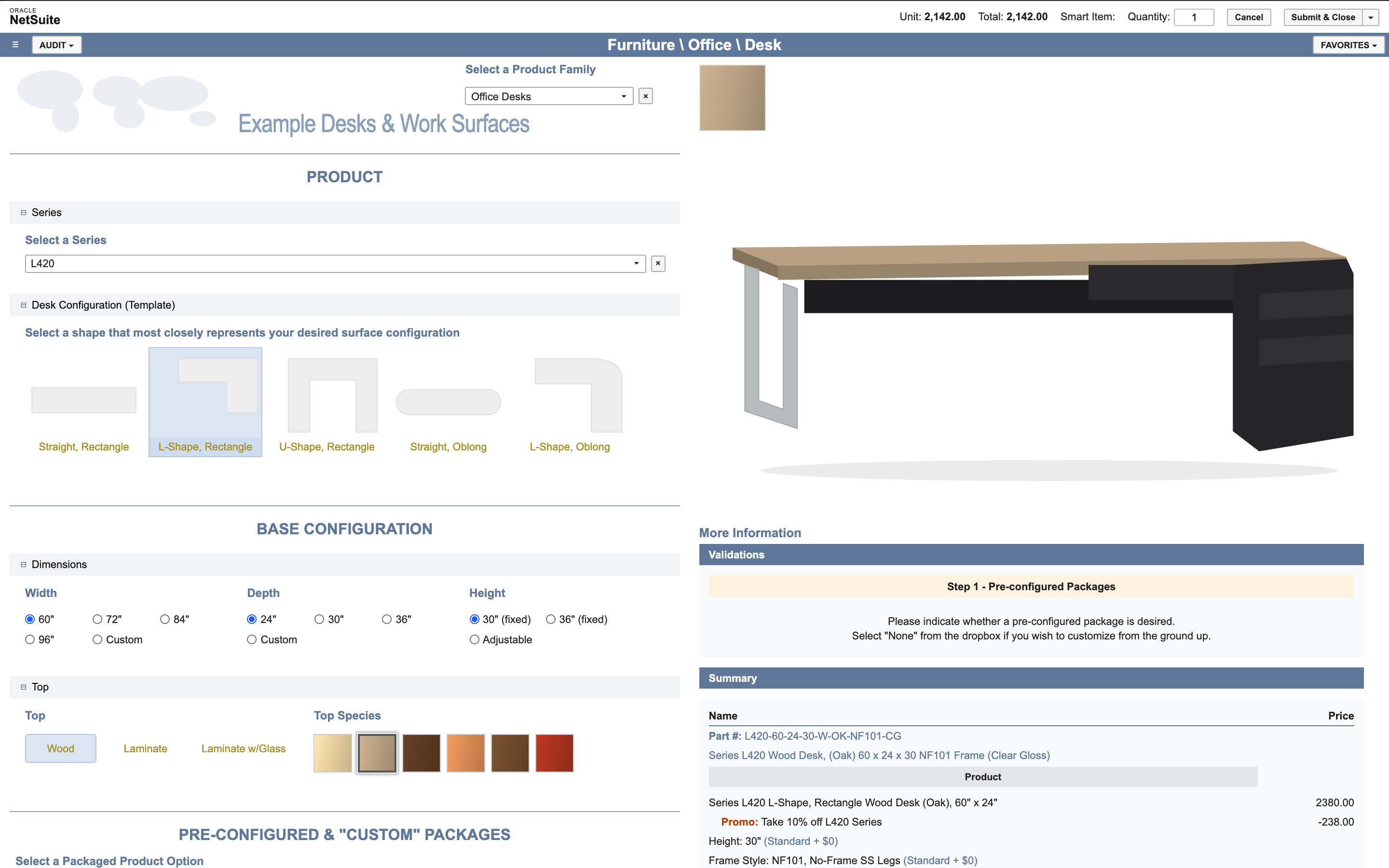 The Configurator desk page after choosing series L420, with the L-Shape, Rectangle shape, Oak top selected, Unit 2,142.00 and the Step 1 validation.