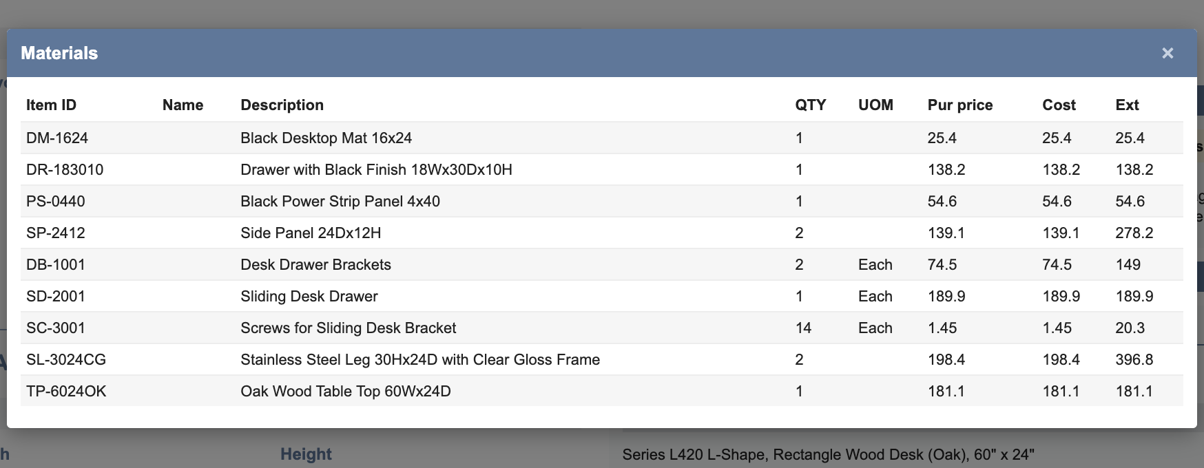 The Materials dialog listing nine lines, from DM-1624 to TP-6024OK, Oak Wood Table Top 60Wx24D, with no wire management line.
