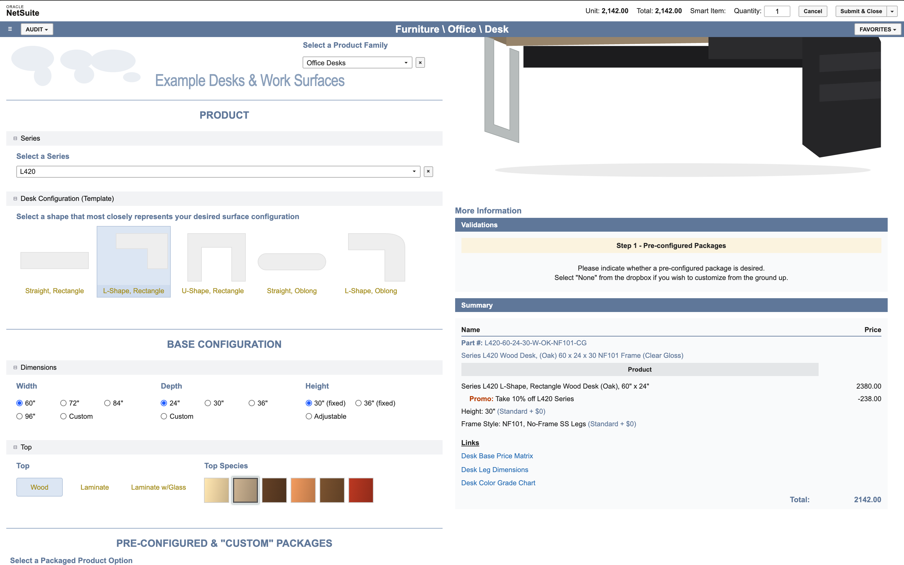 The Summary panel listing part number L420-60-24-30-W-OK-NF101-CG, the Oak desk at 2380.00, a promotion of minus 238.00 and a total of 2142.00.