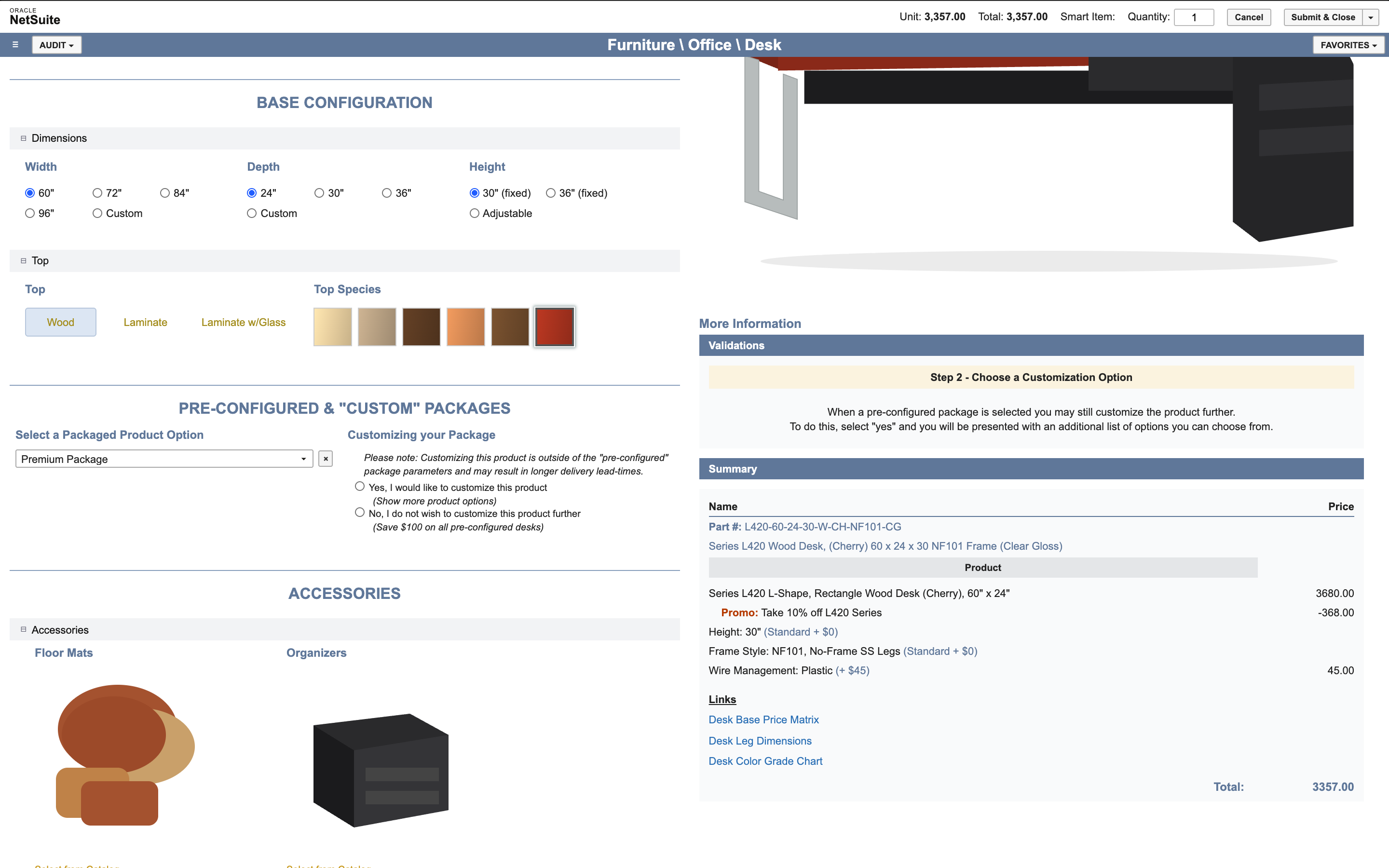 The Configurator desk page after choosing the Premium Package: Cherry swatch selected, Step 2 validation, and a Summary with a Wire Management line and a total of 3357.00.
