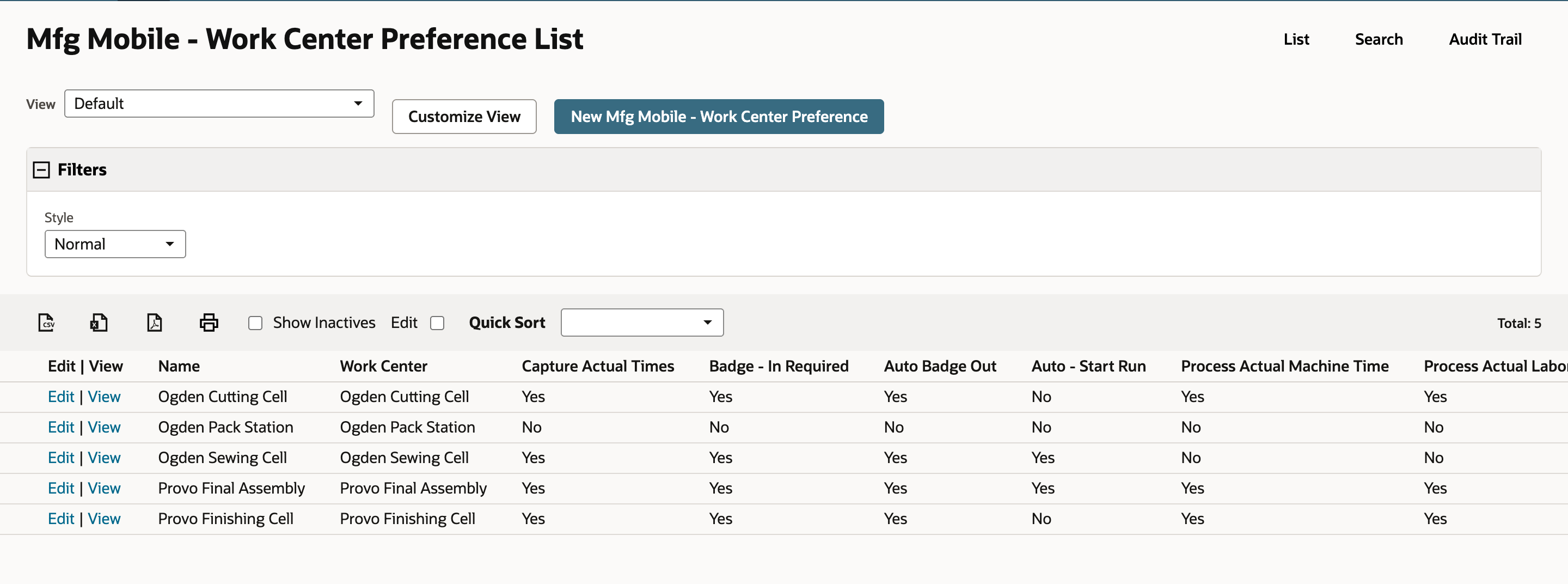 Mfg Mobile - Work Center Preference List with five preferences. The Ogden Pack Station row shows No under Capture Actual Times, Badge - In Required, Auto Badge Out, Auto - Start Run, Process Actual Machine Time and Process Actual Labor Time. Total reads 5.