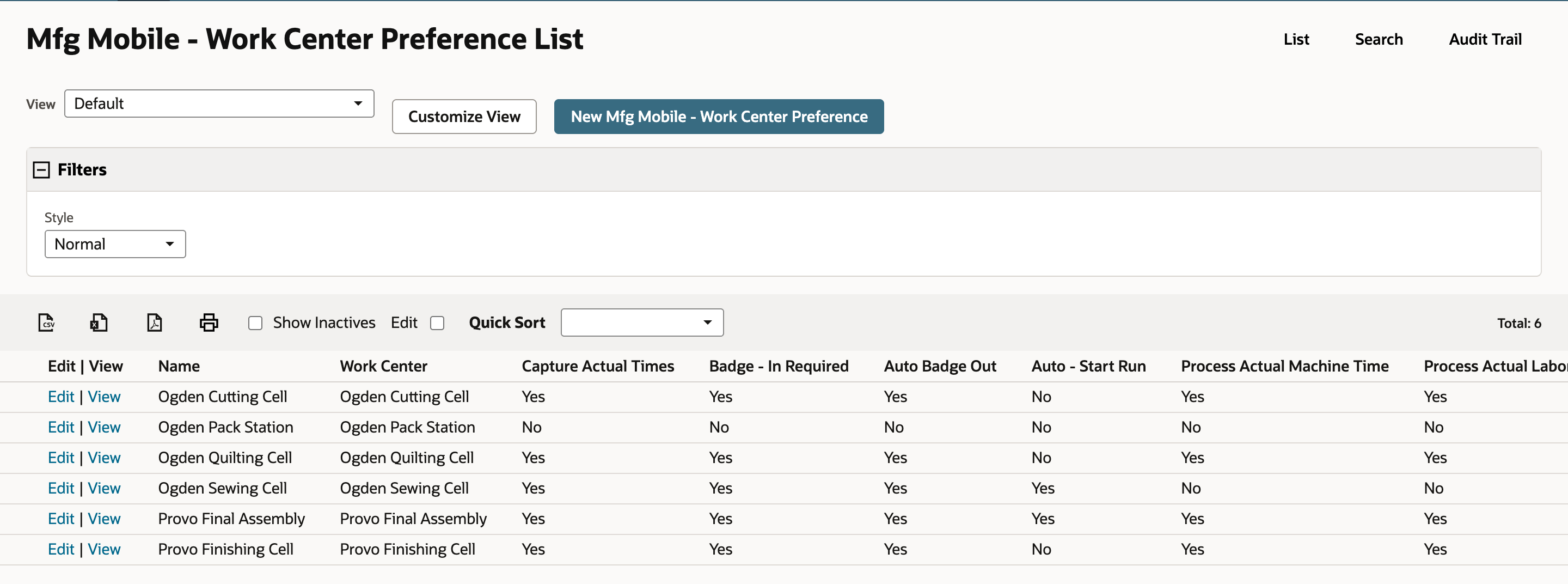 Mfg Mobile - Work Center Preference List with six preferences. The Ogden Quilting Cell row shows Yes under Capture Actual Times, Badge - In Required and Auto Badge Out and No under Auto - Start Run. Total reads 6.