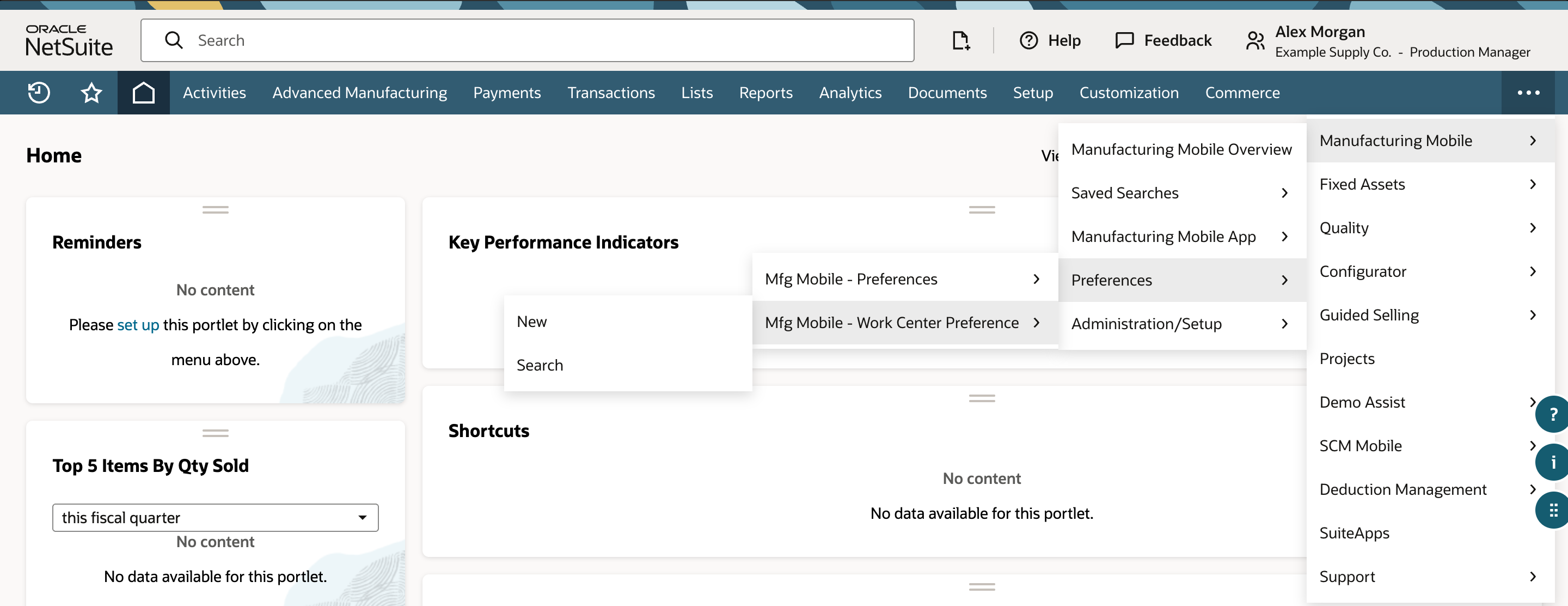 Manufacturing Mobile menu with the Preferences flyout open. Mfg Mobile - Work Center Preference is highlighted and shows New and Search beside it.