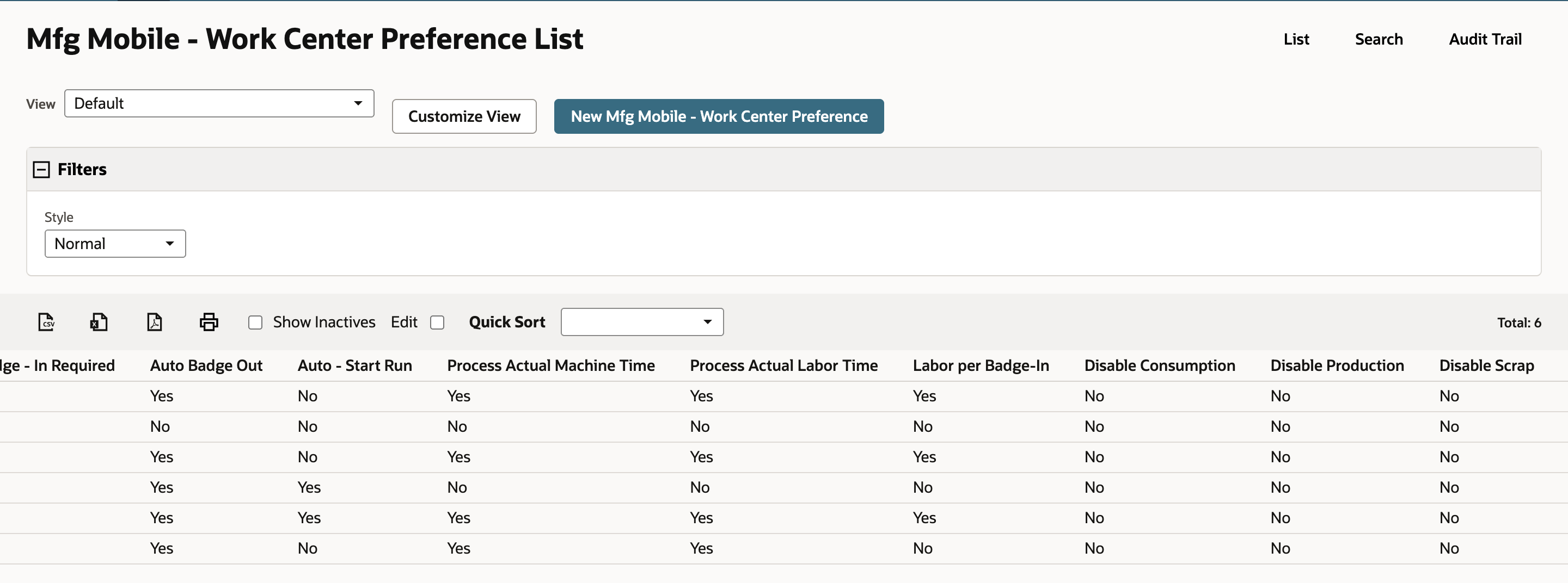 Mfg Mobile - Work Center Preference List scrolled to the right. The third row, the new preference, shows Yes under Process Actual Machine Time, Process Actual Labor Time and Labor per Badge-In and No under Disable Consumption, Disable Production and Disable Scrap.