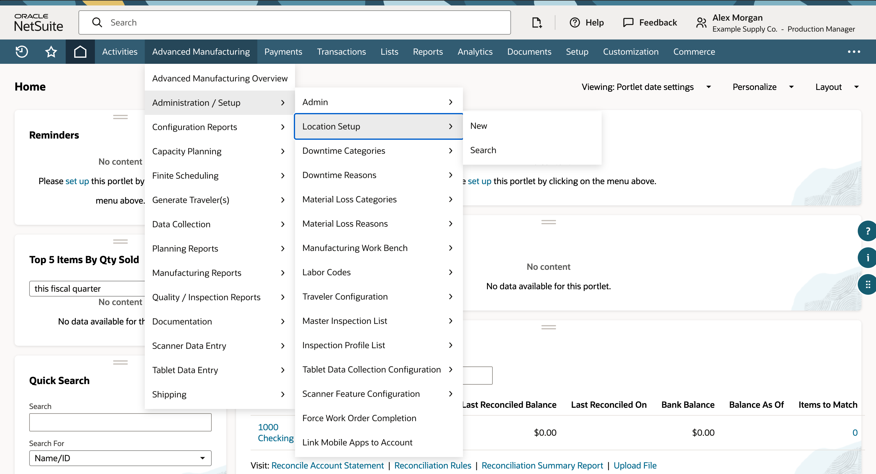 Advanced Manufacturing menu with Administration / Setup open and Location Setup highlighted, showing New and Search beside it.