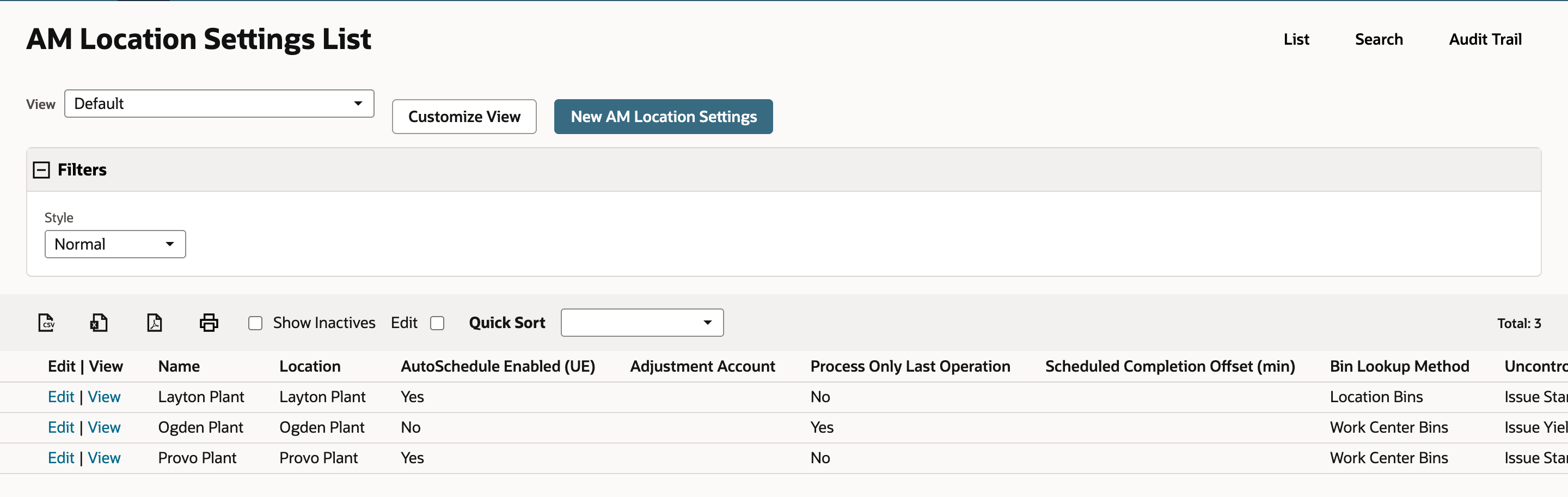 AM Location Settings List with three rows. The Ogden Plant row shows AutoSchedule Enabled No and Process Only Last Operation Yes and Work Center Bins under Bin Lookup Method. Total reads 3.