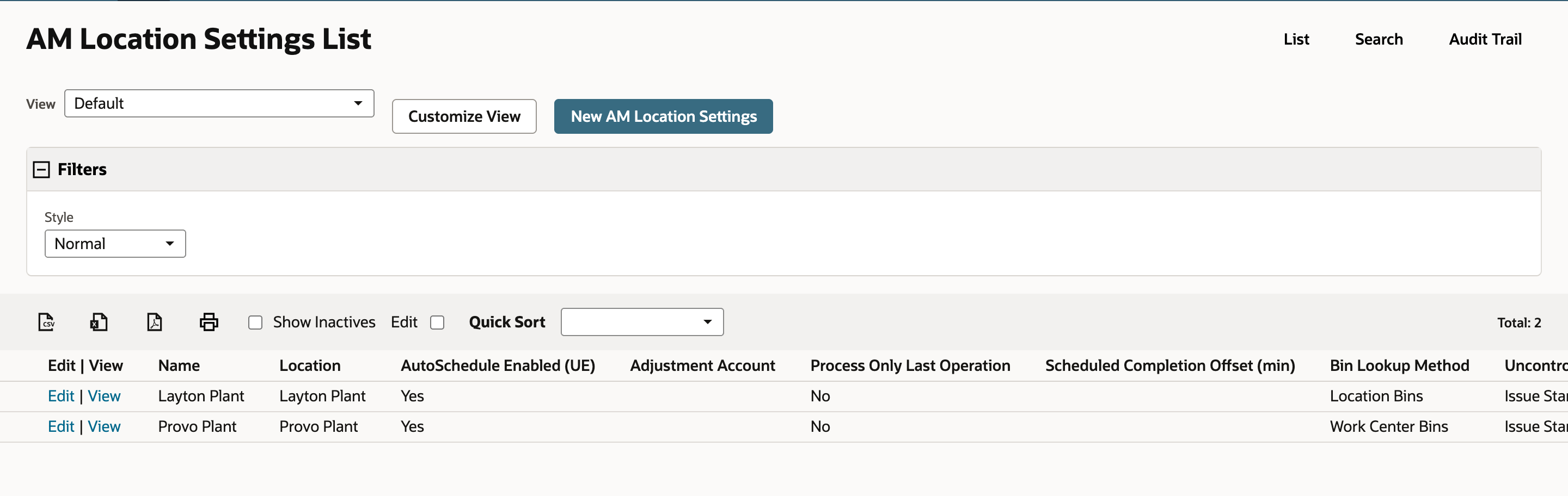 AM Location Settings List with two rows, Layton Plant and Provo Plant, showing Bin Lookup Method and the other columns. Total reads 2.