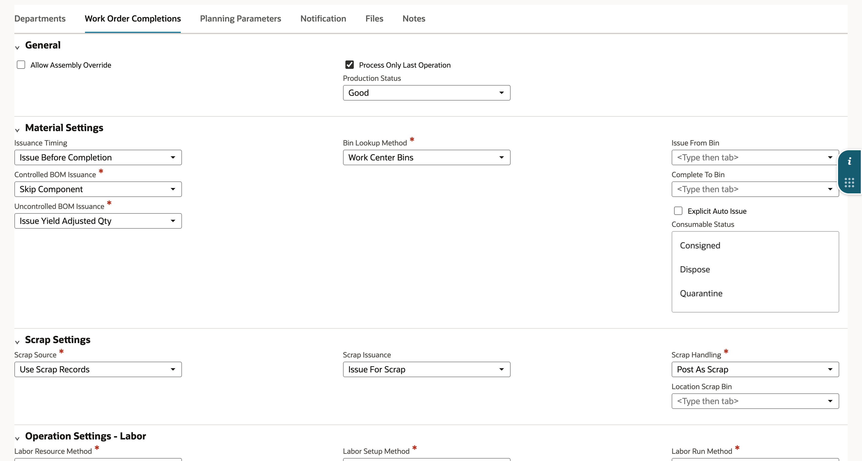 Work Order Completions tab with Production Status Good, Bin Lookup Method Work Center Bins and Uncontrolled BOM Issuance Issue Yield Adjusted Qty. The other settings are unchanged.