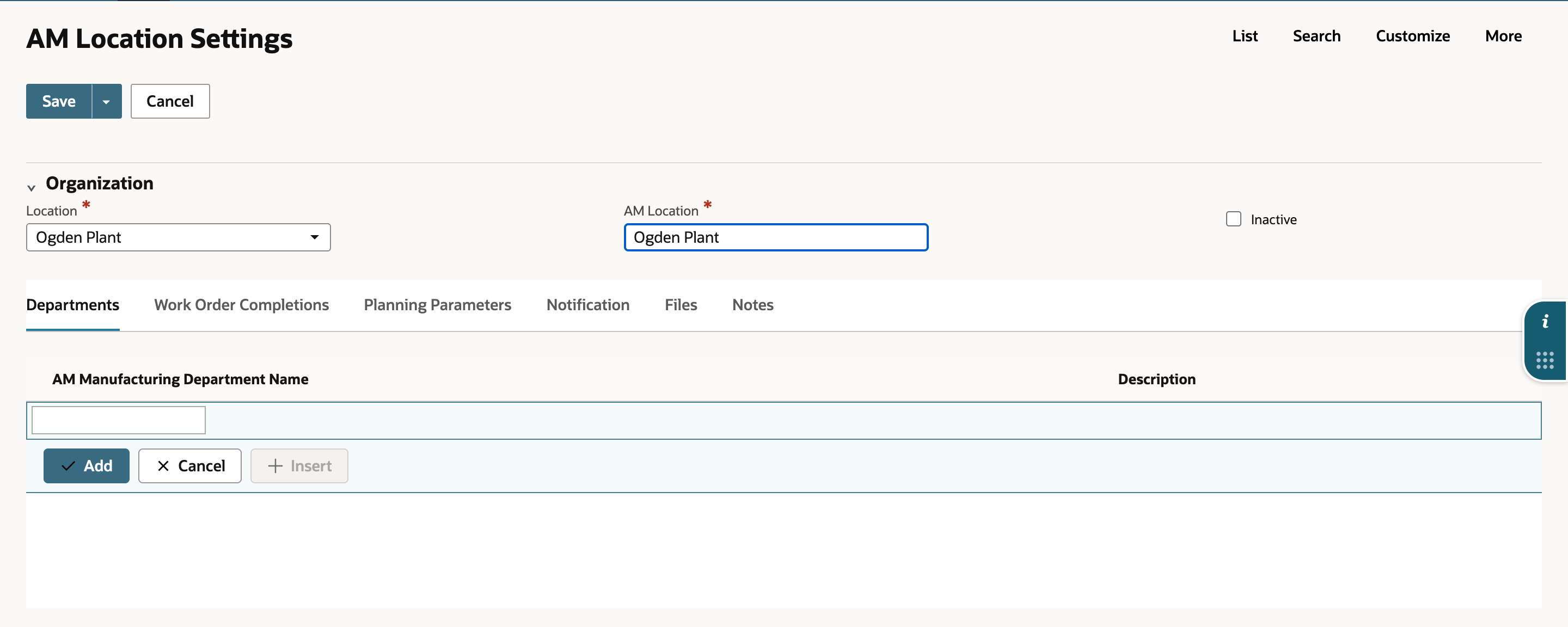 AM Location Settings form with the Location Ogden Plant and the AM Location Ogden Plant under Organization. The subtabs Departments, Work Order Completions, Planning Parameters, Notification, Files and Notes are below.