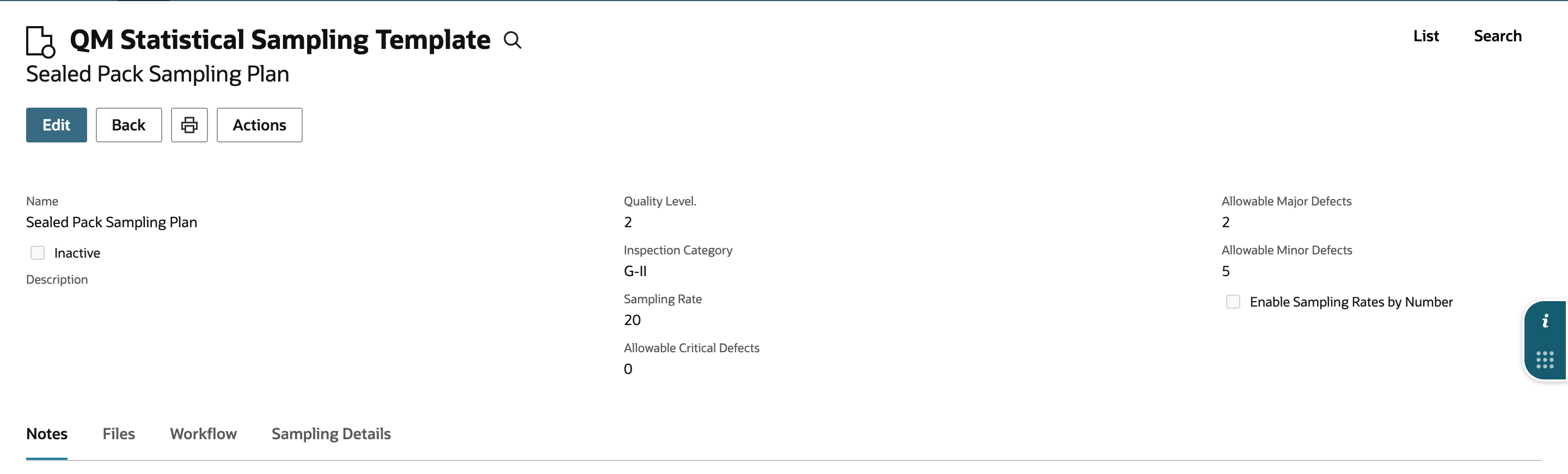 Saved QM Statistical Sampling Template Sealed Pack Sampling Plan with its header values and the tabs Notes, Files, Workflow and Sampling Details.