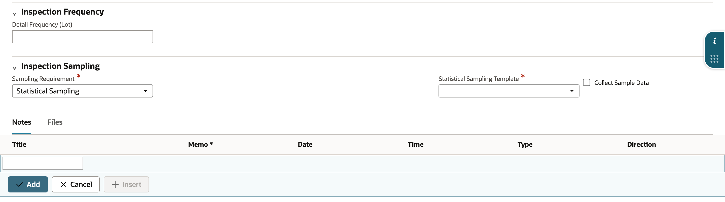 Quality Inspection form after choosing Statistical Sampling: the required Statistical Sampling Template field and the Collect Sample Data check box have appeared under Inspection Sampling.