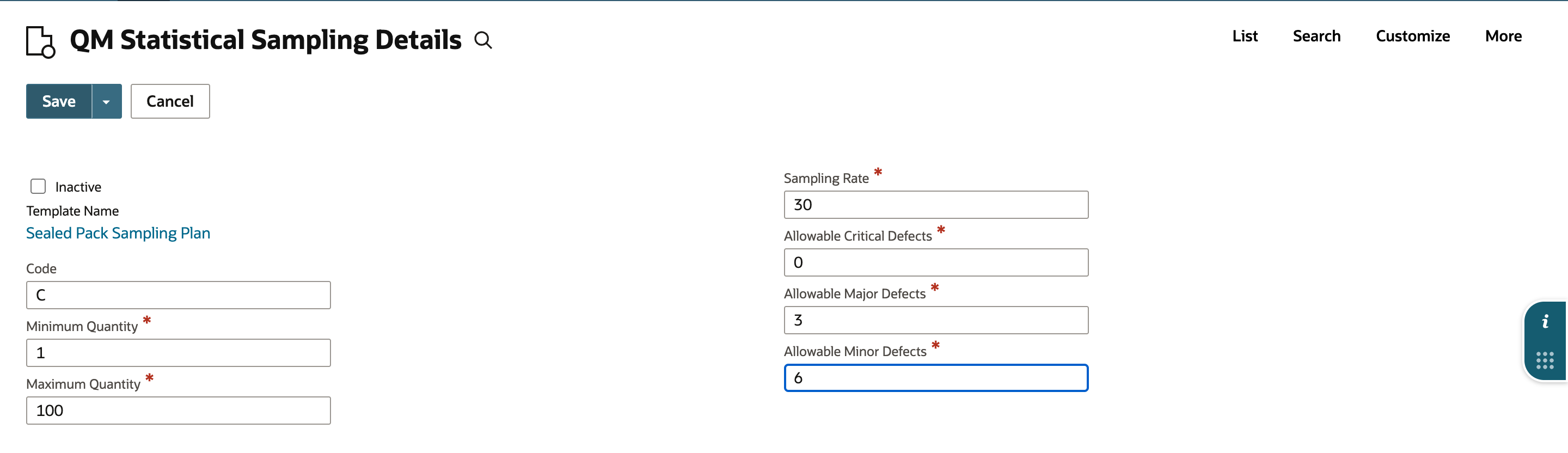 QM Statistical Sampling Details form with Template Name Sealed Pack Sampling Plan, Code C, Minimum Quantity 1, Maximum Quantity 100, Sampling Rate 30 and allowable defects 0, 3 and 6.