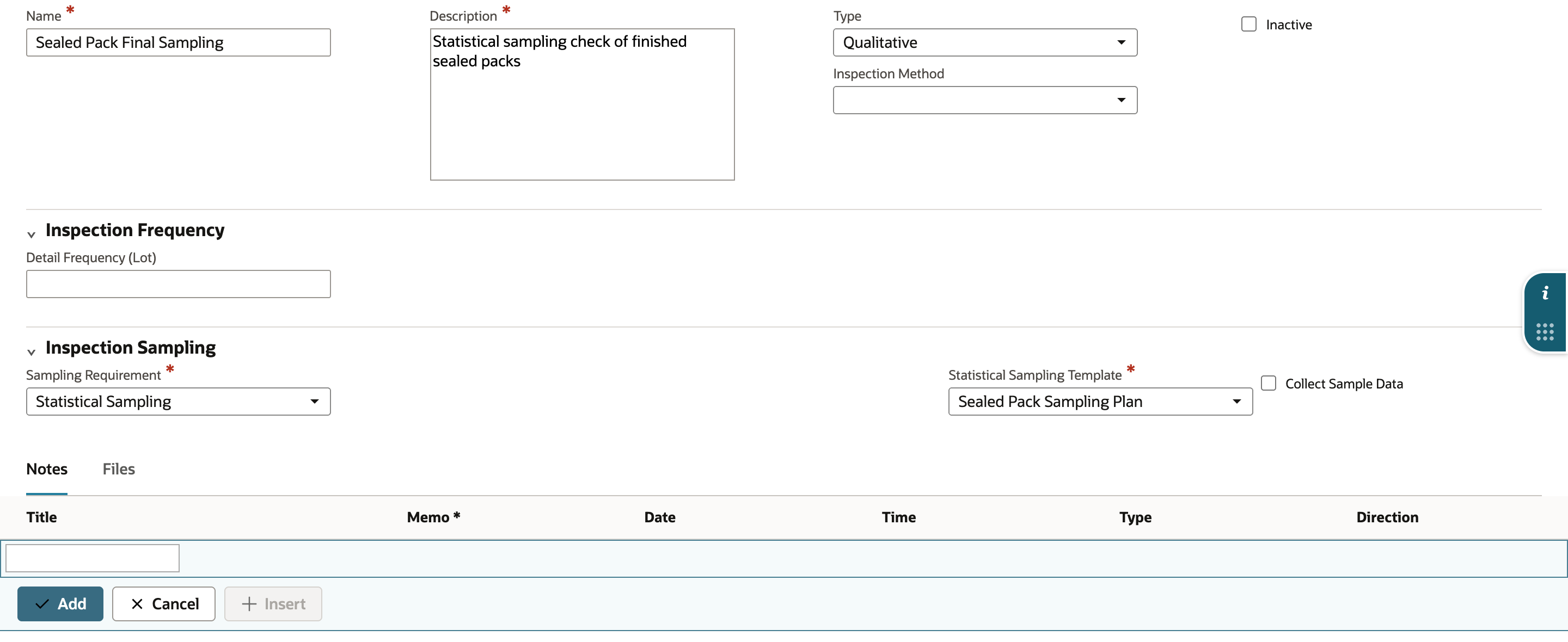 Quality Inspection form with Name Sealed Pack Final Sampling, Type Qualitative, Sampling Requirement Statistical Sampling and Statistical Sampling Template Sealed Pack Sampling Plan.