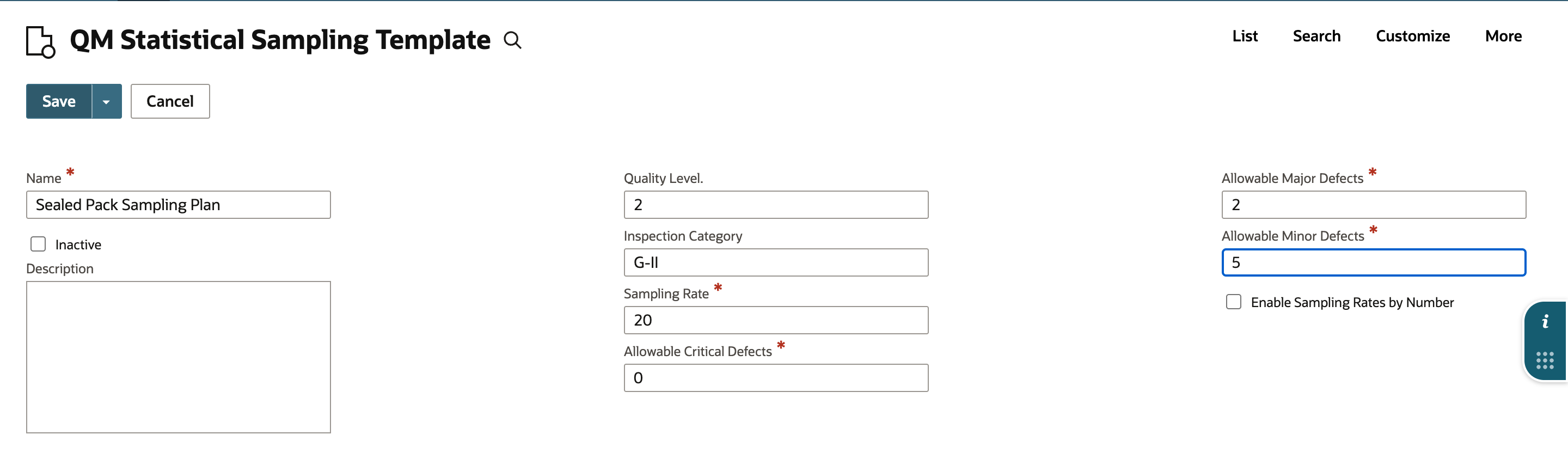 QM Statistical Sampling Template form filled in: Name Sealed Pack Sampling Plan, Quality Level 2, Inspection Category G-II, Sampling Rate 20, allowable critical 0, major 2 and minor 5, with Enable Sampling Rates by Number cleared.