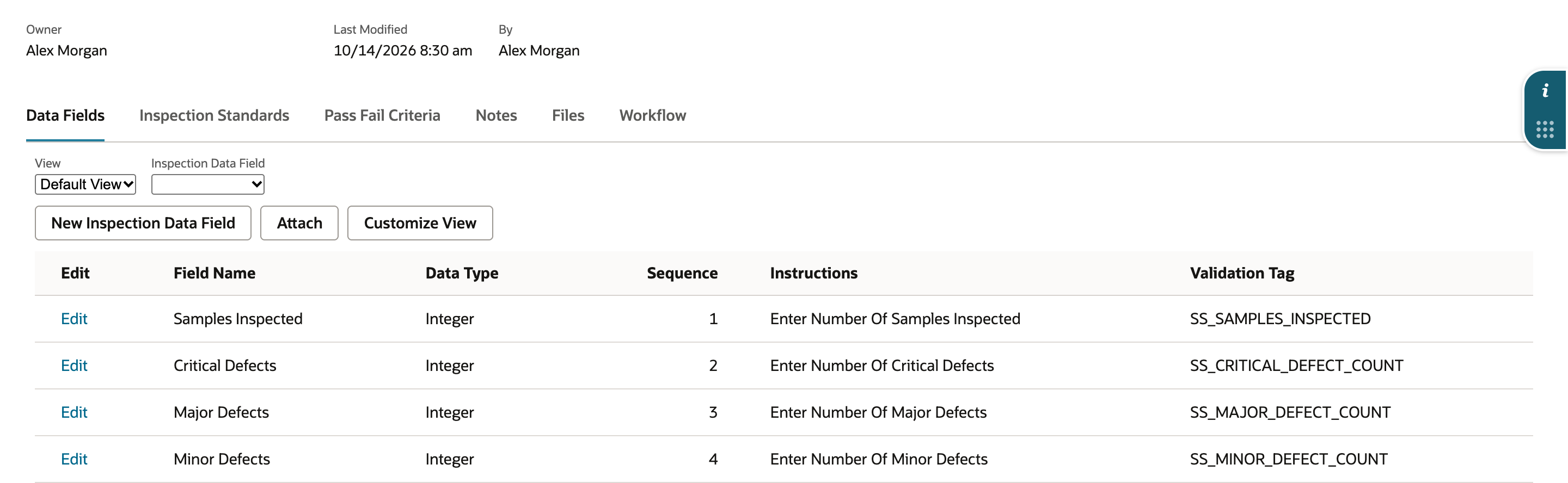 Data Fields tab of the saved inspection listing Samples Inspected, Critical Defects, Major Defects and Minor Defects with the validation tags SS_SAMPLES_INSPECTED, SS_CRITICAL_DEFECT_COUNT, SS_MAJOR_DEFECT_COUNT and SS_MINOR_DEFECT_COUNT.