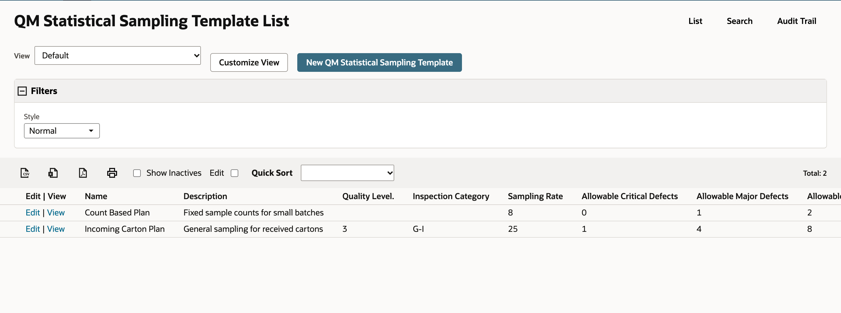 QM Statistical Sampling Template List with two templates, Incoming Carton Plan and Count Based Plan, and Total 2.