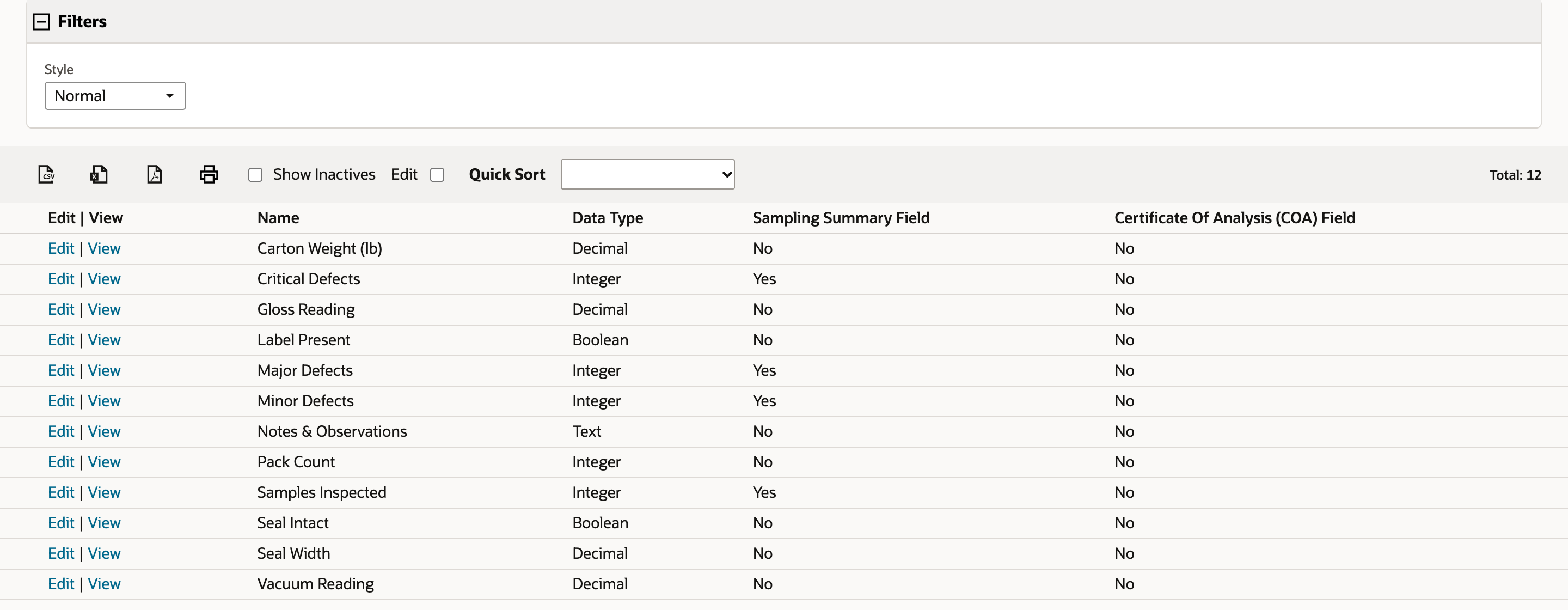 Quality Inspection Fields List with the Sampling Summary Field column. Samples Inspected, Critical Defects, Major Defects and Minor Defects read Yes.