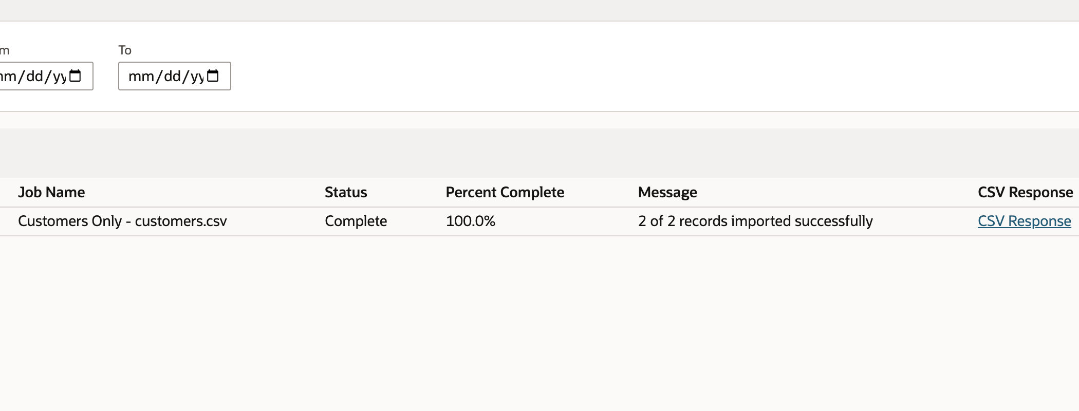 Completed customer CSV import job status