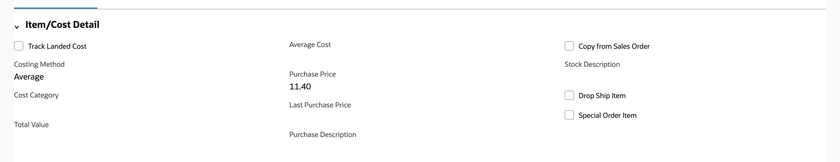 The Item/Cost Detail section of PL-2201 with Track Landed Cost cleared and Purchase Price 11.40.
