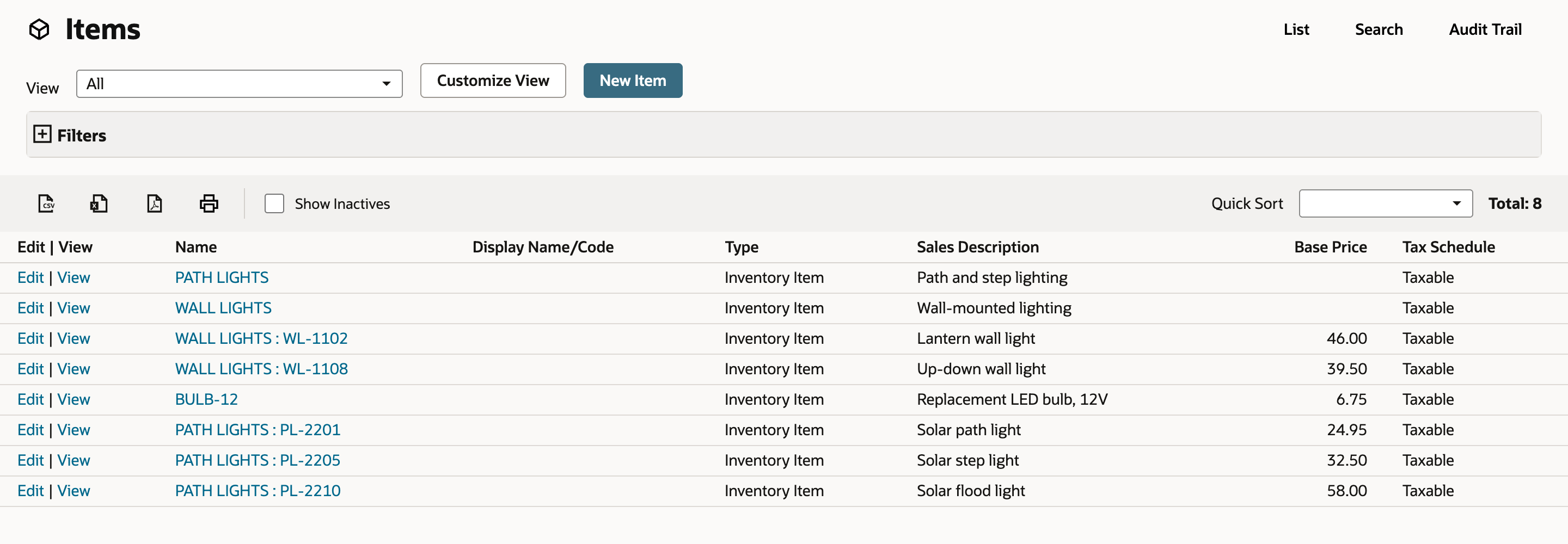 The Items list with eight items; the last three are PATH LIGHTS : PL-2201, PL-2205 and PL-2210, Inventory Item, Solar path light, Solar step light and Solar flood light, base prices 24.95, 32.50 and 58.00, Tax Schedule Taxable.