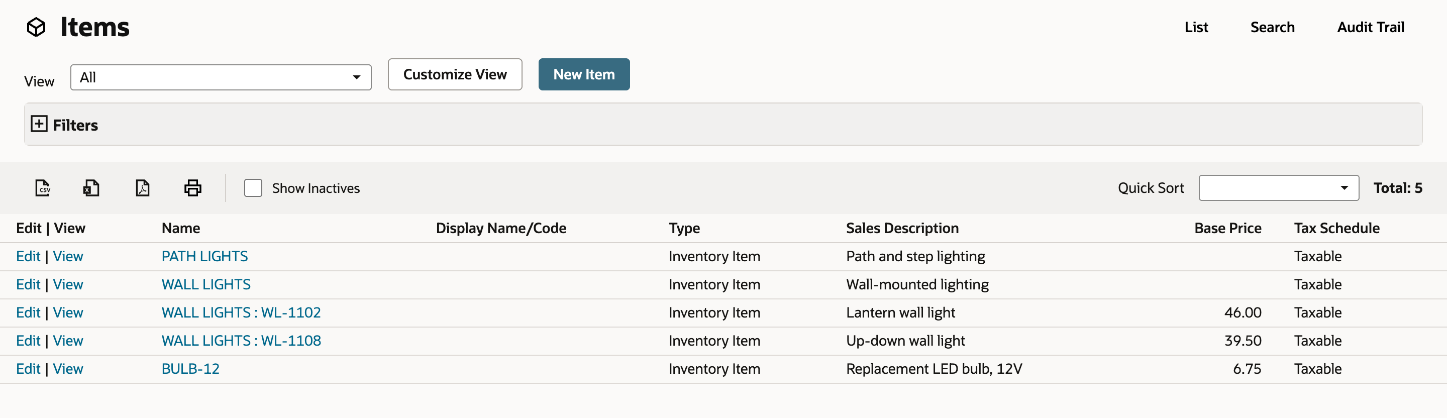 The Items list with five items: PATH LIGHTS, WALL LIGHTS, WALL LIGHTS : WL-1102, WALL LIGHTS : WL-1108 and BULB-12, all Inventory Items.