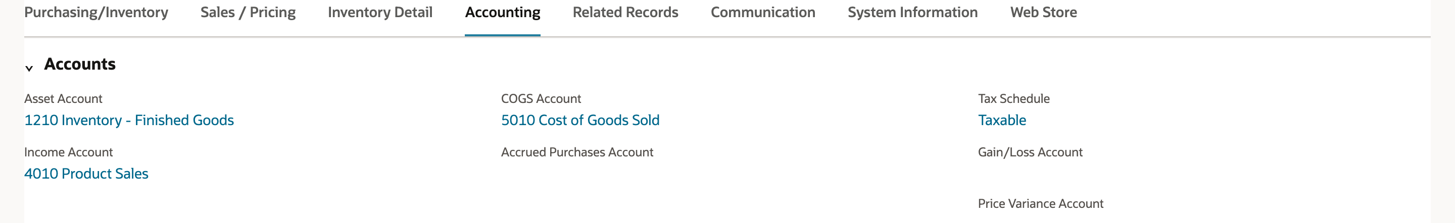 The Accounting subtab of PL-2201 with Asset Account 1210 Inventory - Finished Goods, Income Account 4010 Product Sales, COGS Account 5010 Cost of Goods Sold and Tax Schedule Taxable.