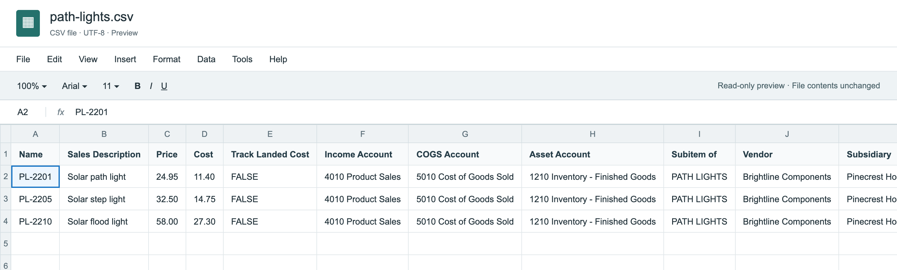 The file path-lights.csv with three rows, PL-2201, PL-2205 and PL-2210, and columns Name, Sales Description, Price, Cost, Track Landed Cost, Income Account, COGS Account, Asset Account, Subitem of and Vendor.
