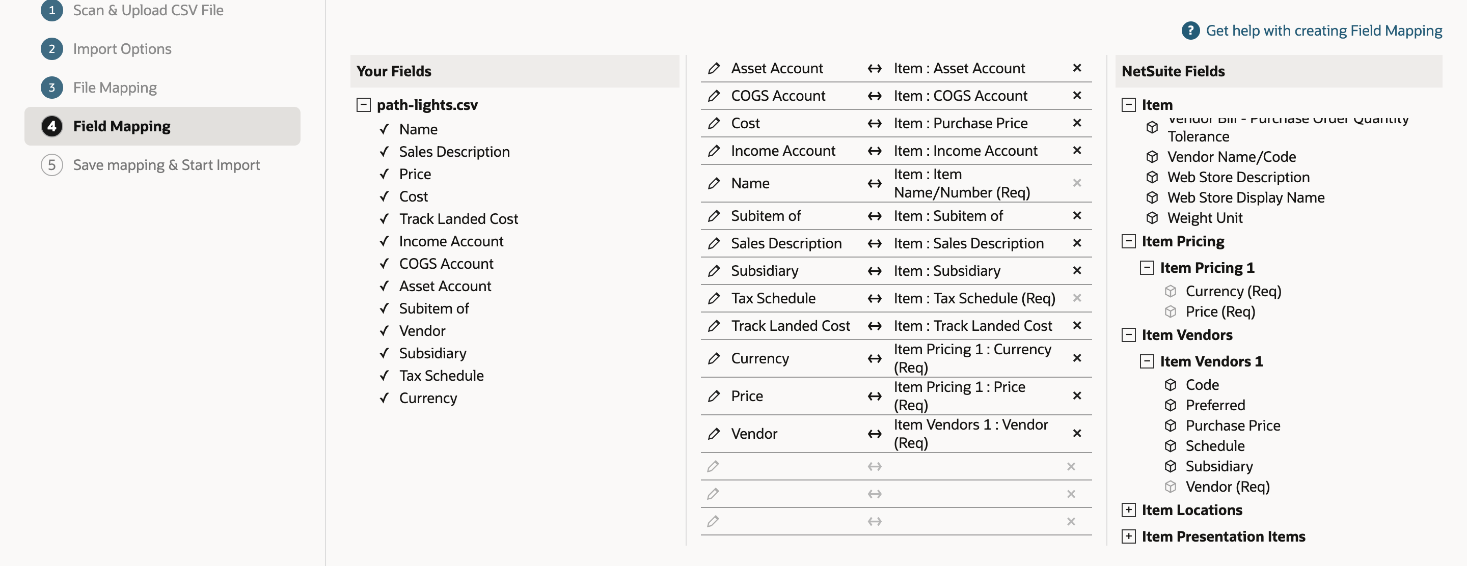The completed mapping with three new rows at the bottom: Currency to Item Pricing 1 : Currency (Req), Price to Item Pricing 1 : Price (Req) and Vendor to Item Vendors 1 : Vendor (Req). Every column under Your Fields has a check mark.