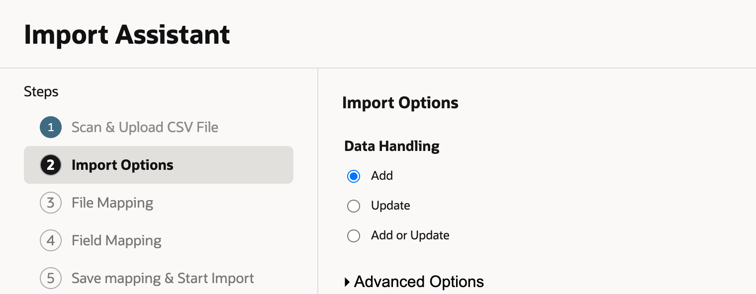 Import Options with Data Handling Add selected; Update and Add or Update are not selected.