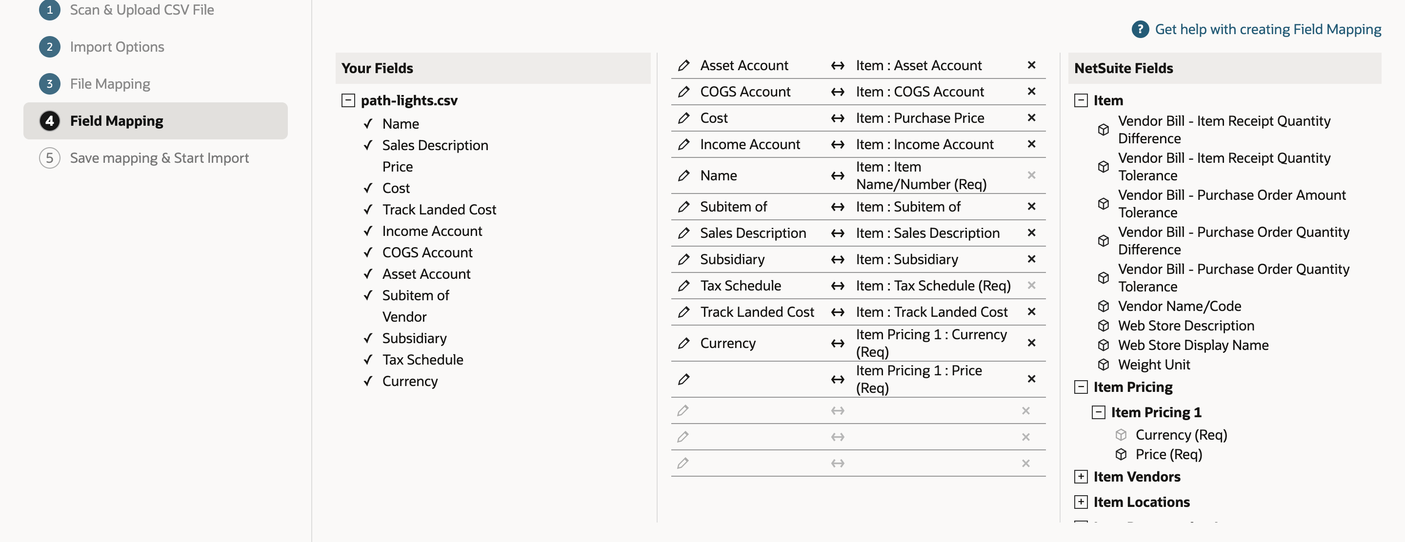 Field Mapping after Currency is mapped to Item Pricing 1 : Currency (Req); an empty Item Pricing 1 : Price (Req) row sits below it, and the NetSuite Fields tree shows Item Pricing 1 open.