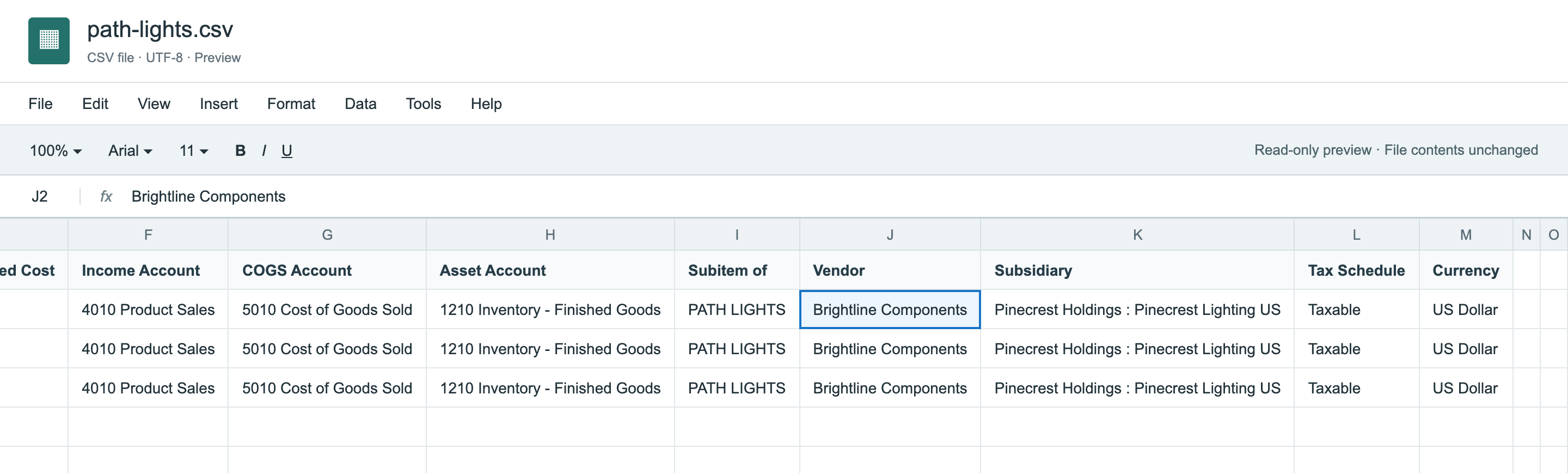The right side of path-lights.csv with Vendor Brightline Components, Subsidiary Pinecrest Holdings : Pinecrest Lighting US, Tax Schedule Taxable and Currency US Dollar on every row.