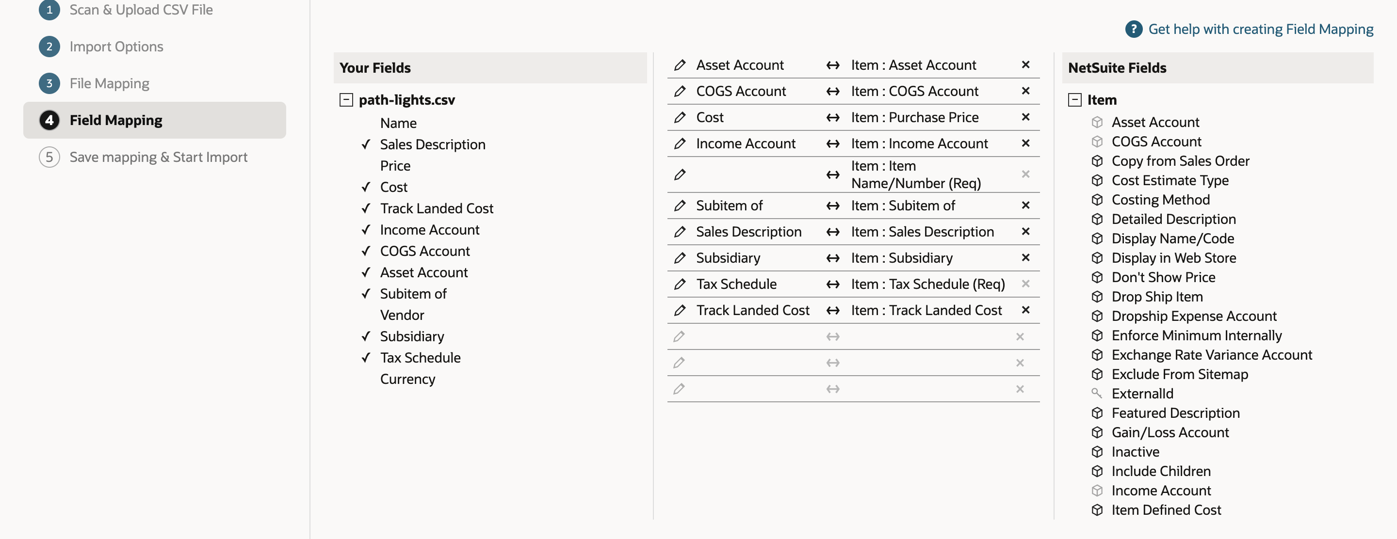 Field Mapping with ten proposed rows, including Cost to Item : Purchase Price and an empty row for Item : Item Name/Number (Req). Under Your Fields, Name, Price, Vendor and Currency have no check mark.