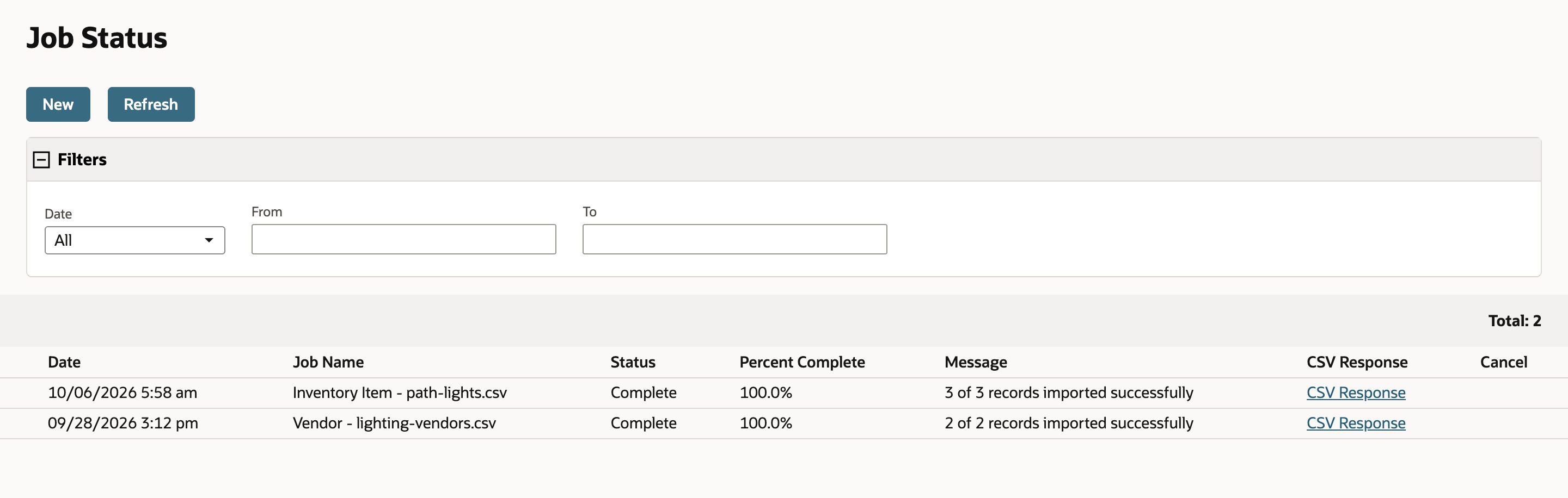 Job Status with the job Inventory Item - path-lights.csv, Status Complete, Percent Complete 100.0% and Message 3 of 3 records imported successfully.
