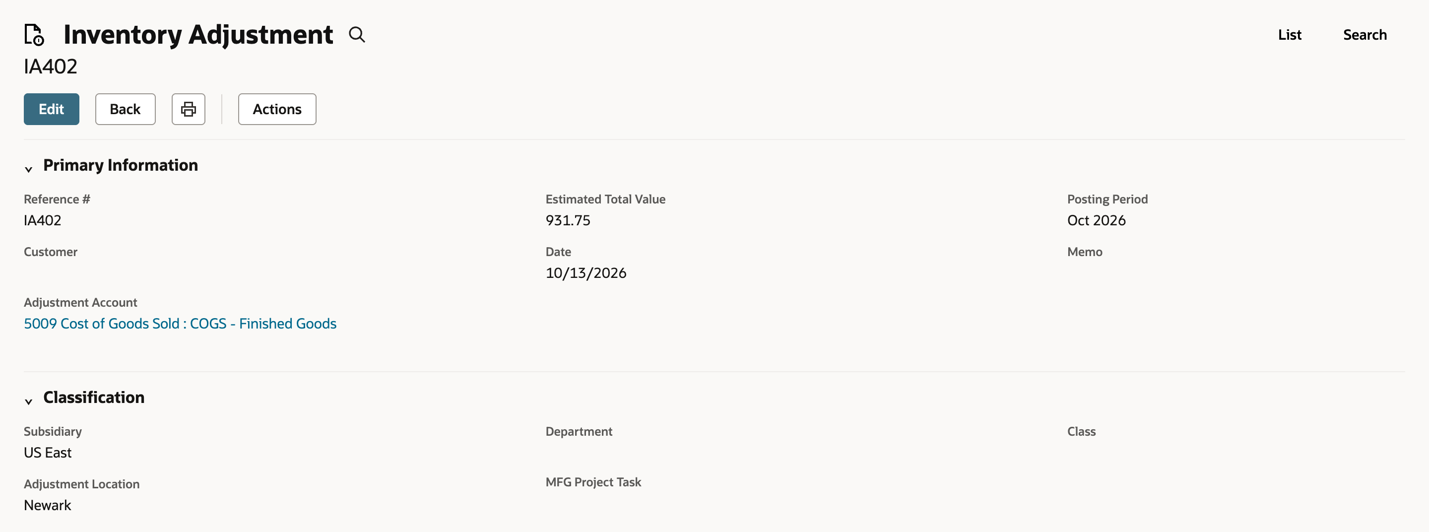 The Inventory Adjustment IA402 with Estimated Total Value 931.75, Posting Period Oct 2026, Adjustment Account 5009 Cost of Goods Sold : COGS - Finished Goods, Subsidiary US East and Adjustment Location Newark.
