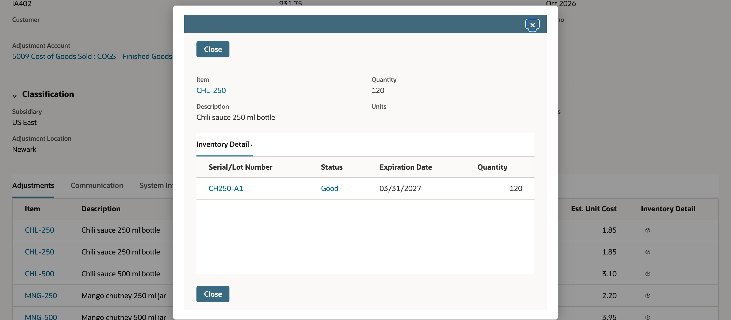 The Inventory Detail popup for CHL-250 with Quantity 120 and one row: Serial/Lot Number CH250-A1, Status Good, Expiration Date 03/31/2027, Quantity 120.