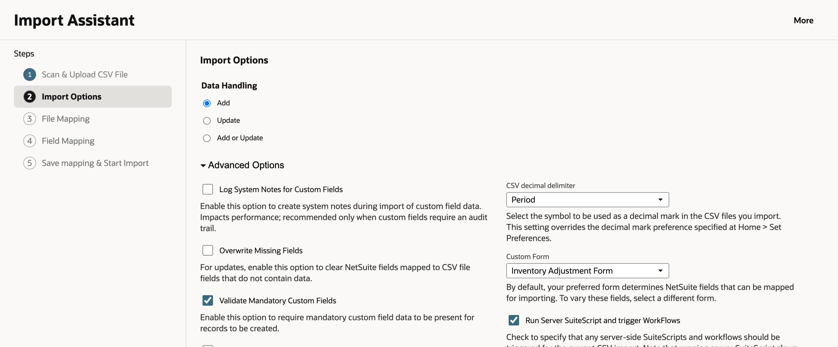 Import Options with Data Handling Add selected and Advanced Options open, showing CSV decimal delimiter Period and Custom Form Inventory Adjustment Form.