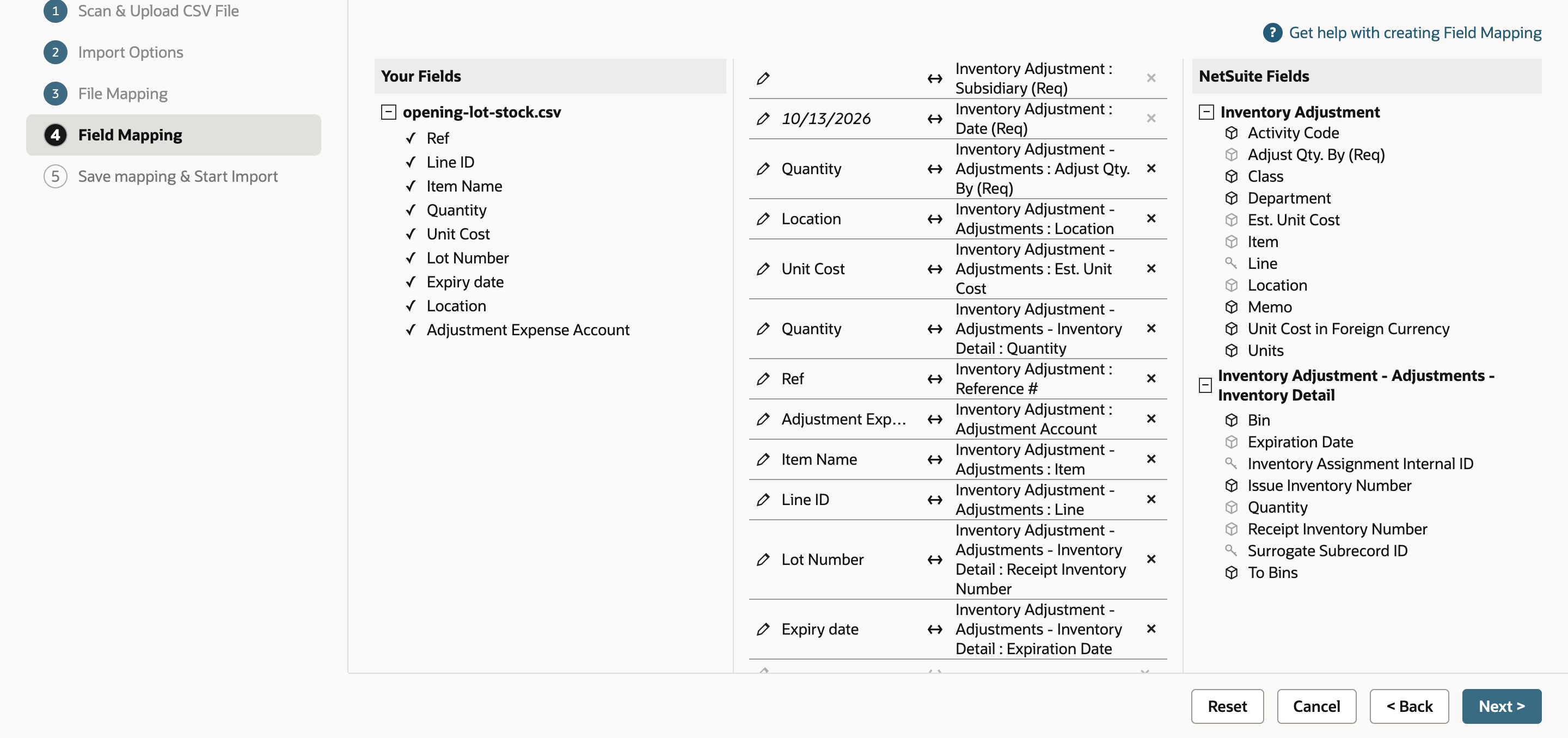 Field Mapping with new rows for Inventory Detail : Receipt Inventory Number from Lot Number and Inventory Detail : Expiration Date from Expiry date, below the Inventory Detail : Quantity row.