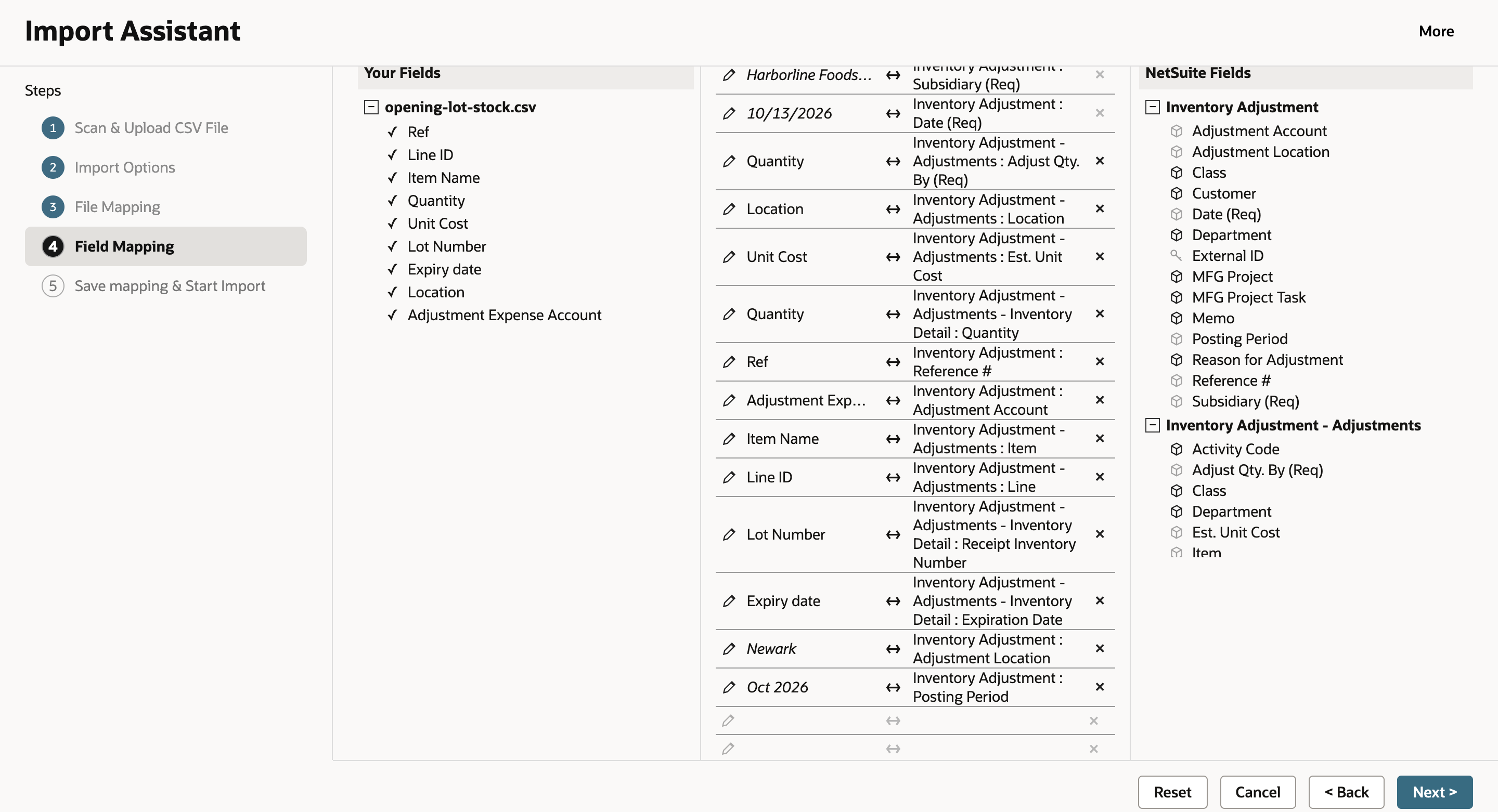Field Mapping with italic default rows for Subsidiary Harborline Foods : US East, Date, Adjustment Location Newark and Posting Period Oct 2026, below the column mappings.