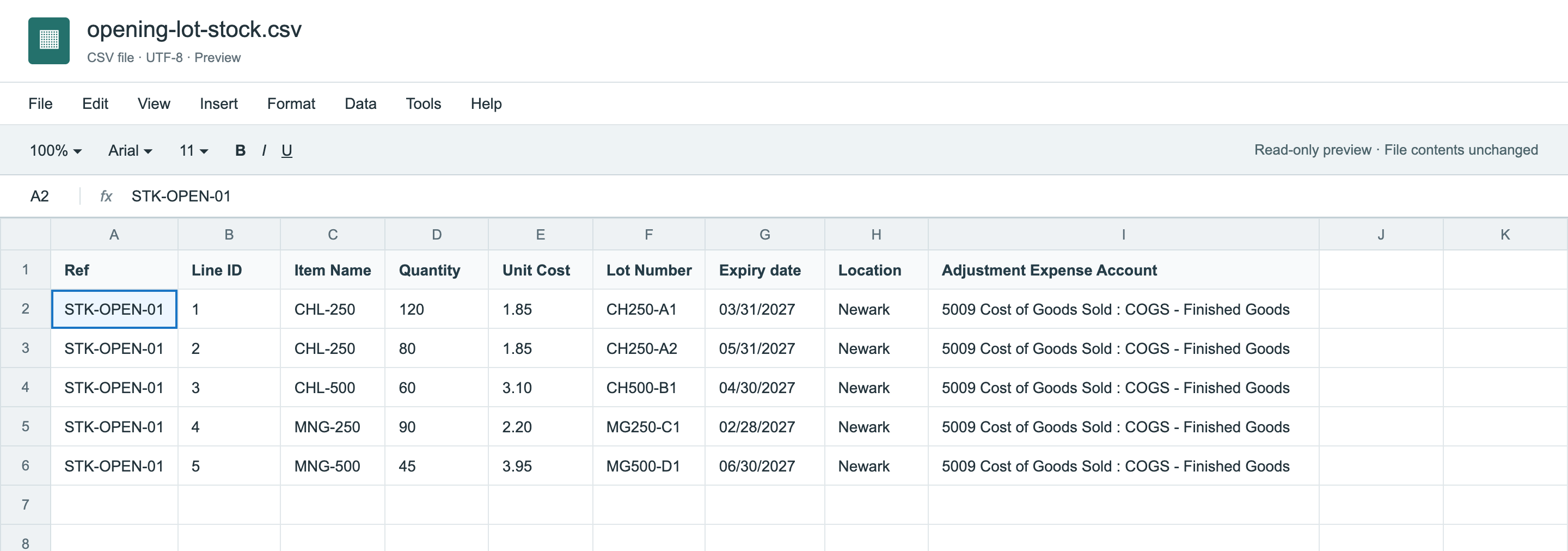 The file opening-lot-stock.csv with five rows and the columns Ref, Line ID, Item Name, Quantity, Unit Cost, Lot Number, Expiry date, Location and Adjustment Expense Account.