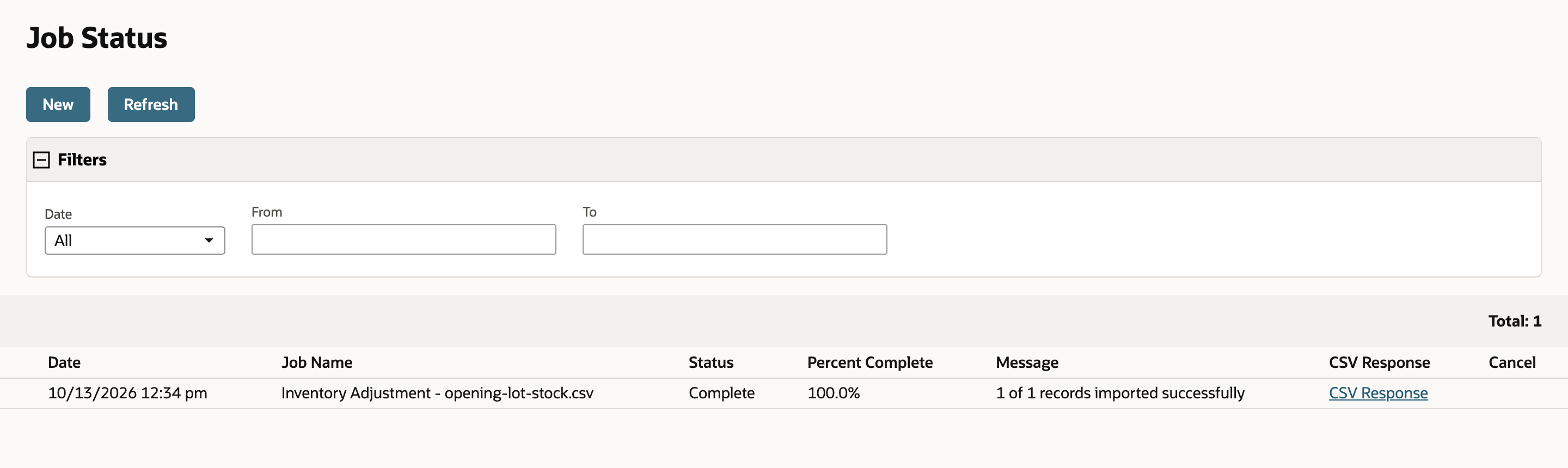 Job Status with the job Inventory Adjustment - opening-lot-stock.csv, Status Complete, Percent Complete 100.0% and Message 1 of 1 records imported successfully.