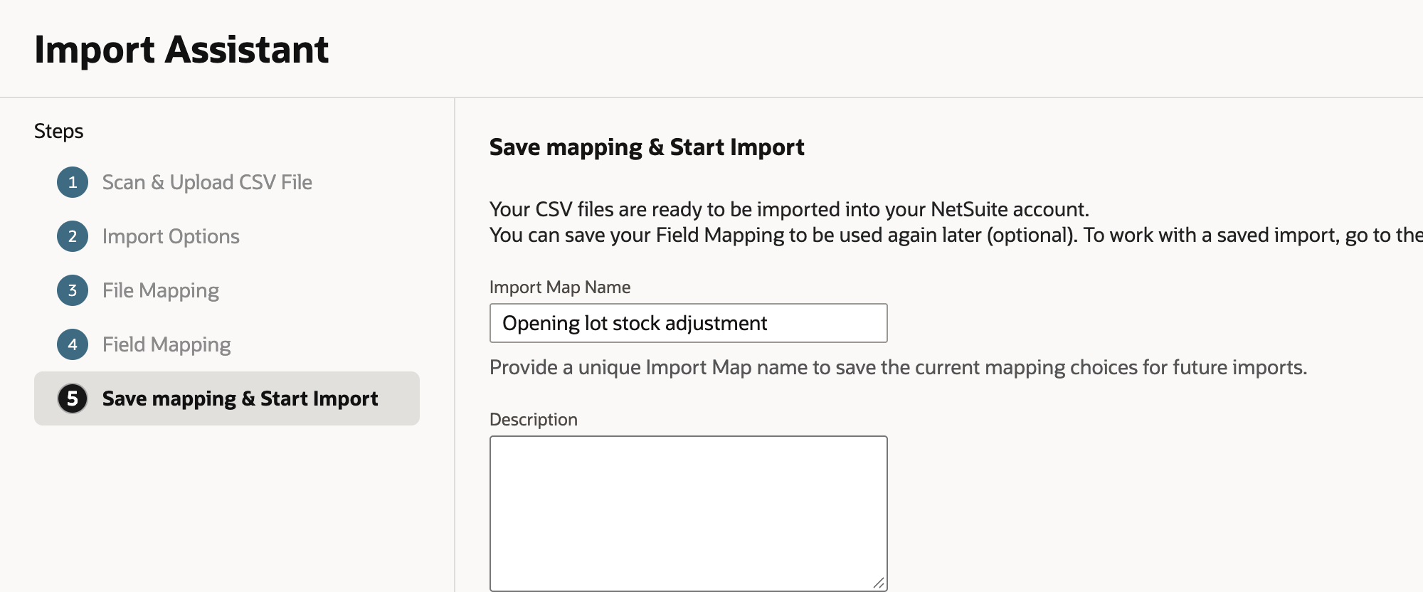 Save mapping and Start Import with Import Map Name Opening lot stock adjustment and an empty Description.