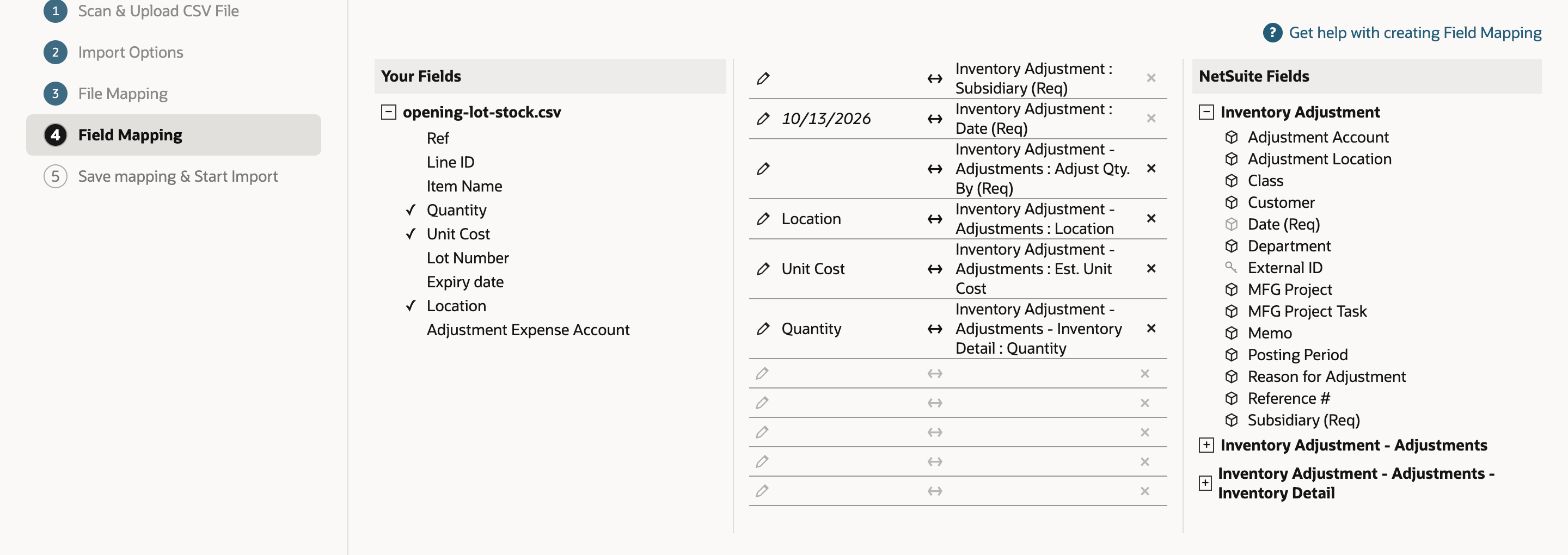 Field Mapping with an empty Subsidiary (Req) row, Date with a default, an empty Adjust Qty. By (Req) row, and proposed pairs for Location, Unit Cost and Quantity.