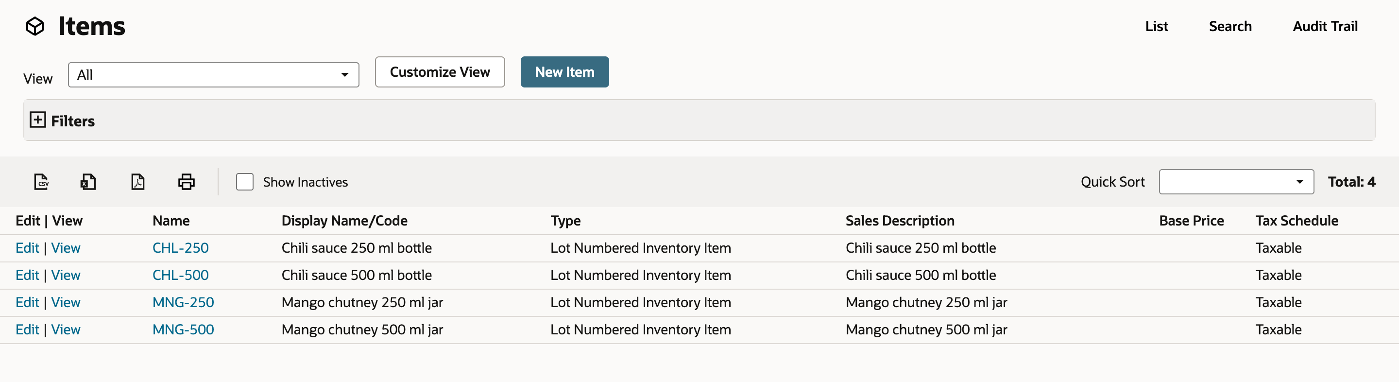 The Items list with four Lot Numbered Inventory Items: CHL-250, CHL-500, MNG-250 and MNG-500.