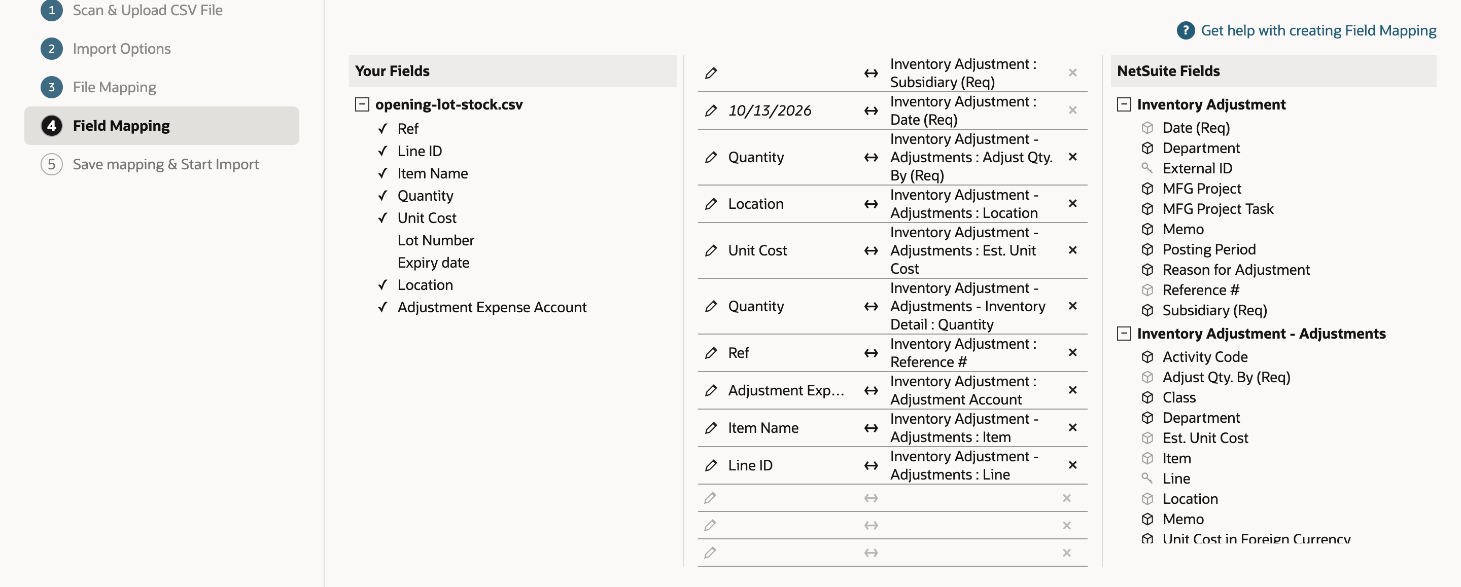 Field Mapping with new rows for Adjustments : Item from Item Name, Adjustments : Line from Line ID and Adjustments : Adjust Qty. By from Quantity.