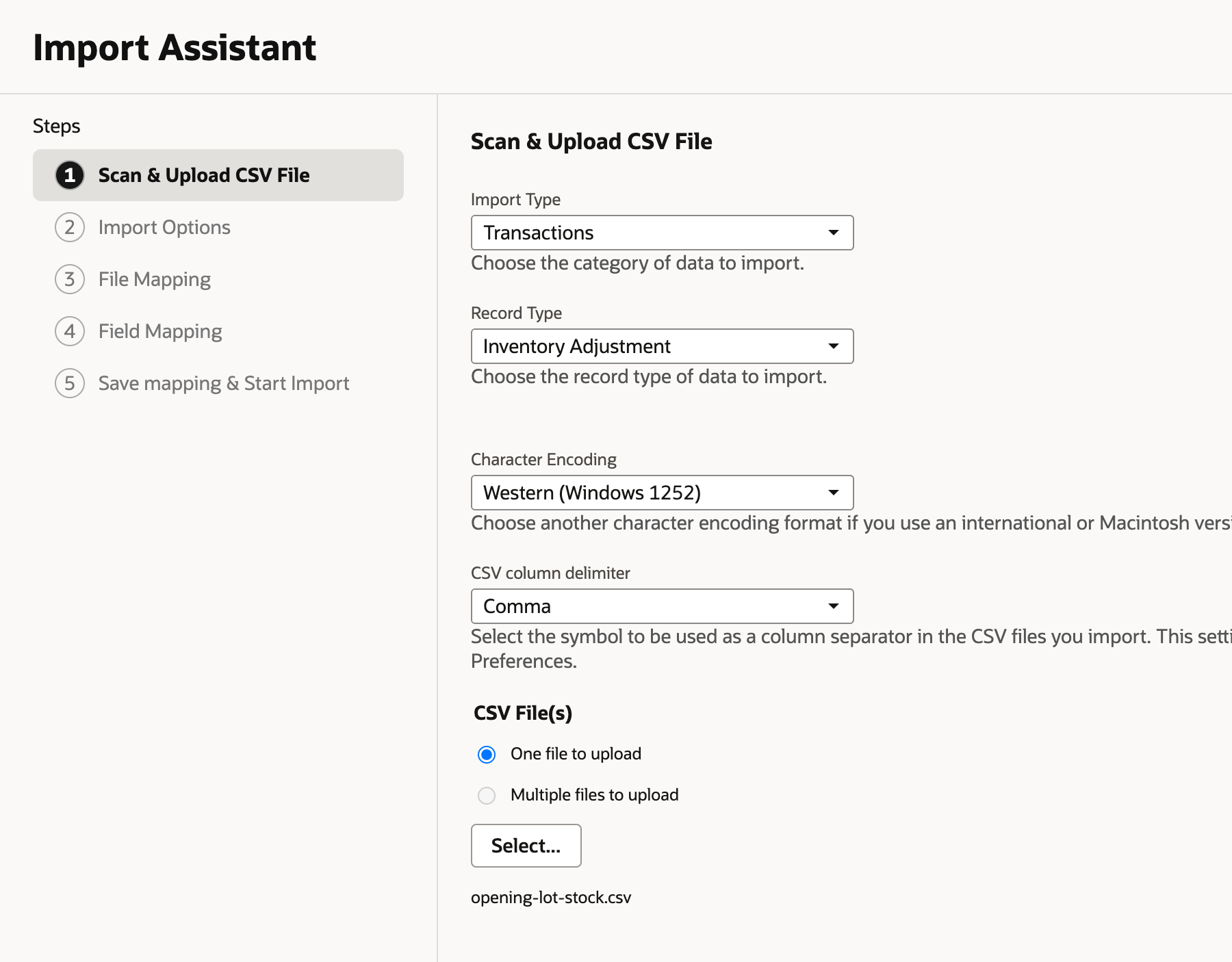 Scan and Upload CSV File with Import Type Transactions, Record Type Inventory Adjustment, the Western (Windows 1252) encoding, the Comma delimiter and the file opening-lot-stock.csv selected.