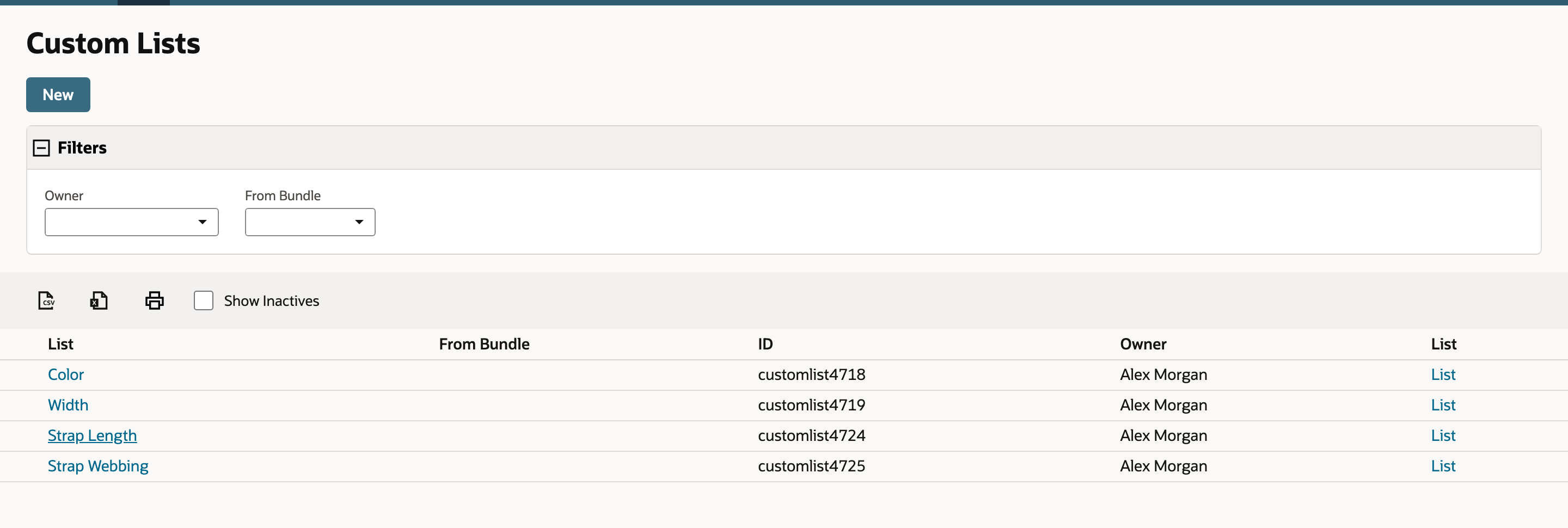 The Custom Lists page after the import. Color, Width, Strap Length and Strap Webbing are listed, each with its ID and the owner.