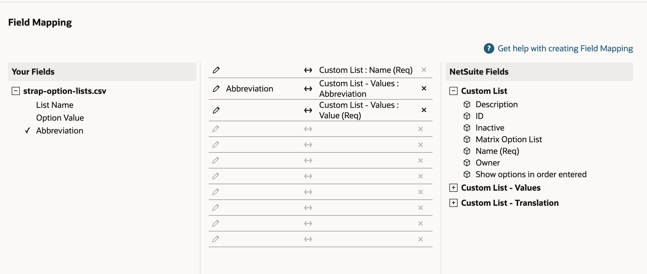 Field Mapping before any manual mapping. Abbreviation is mapped to Custom List - Values : Abbreviation, and the rows for Custom List : Name (Req) and Custom List - Values : Value (Req) are empty. An arrow points to the empty Name row.