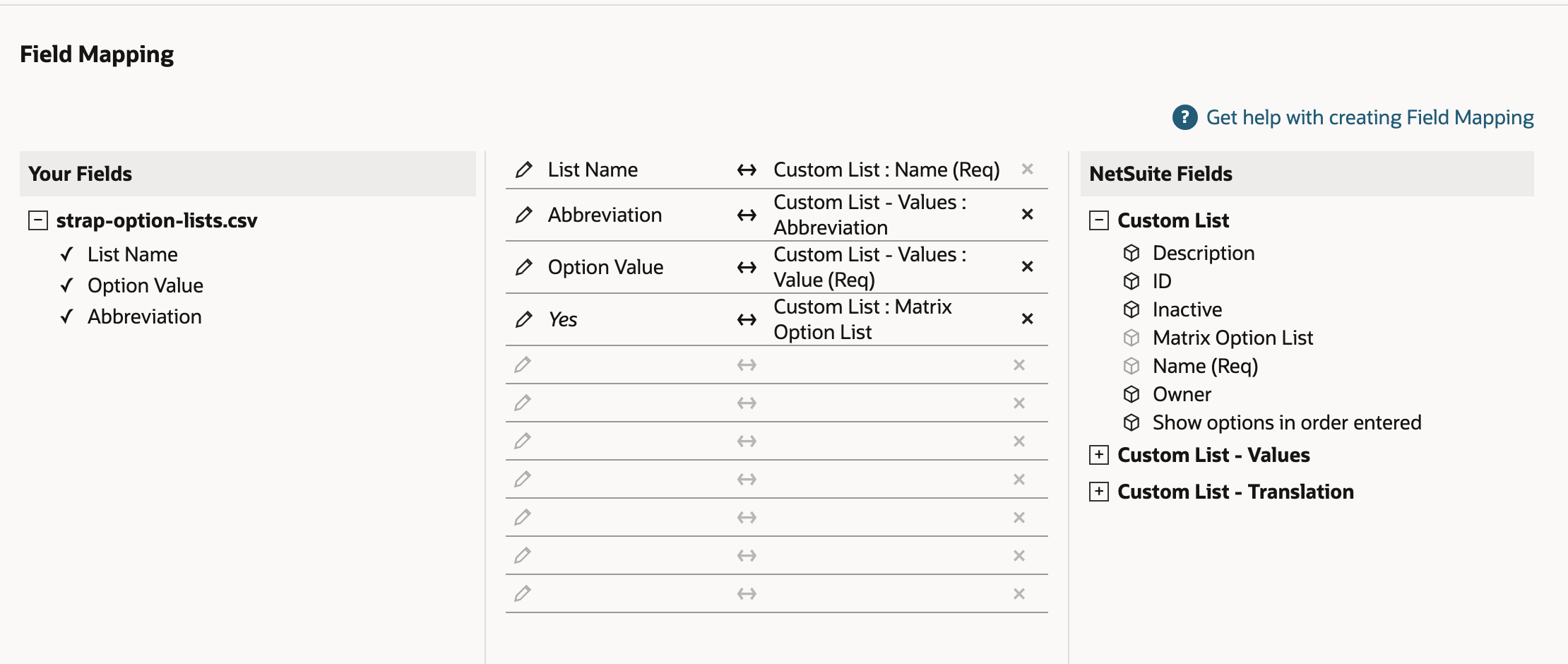 Field Mapping with all four rows filled. List Name, Abbreviation, Option Value and the default Yes are mapped to Custom List fields. An arrow points to the Yes row for Custom List : Matrix Option List.