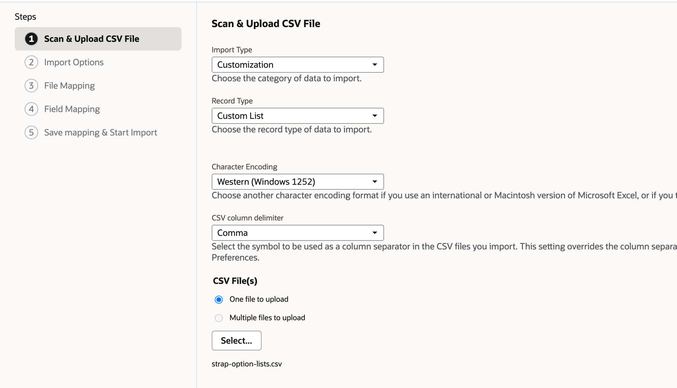Import Assistant step 1 with Import Type Customization and Record Type Custom List, and the file strap-option-lists.csv selected.